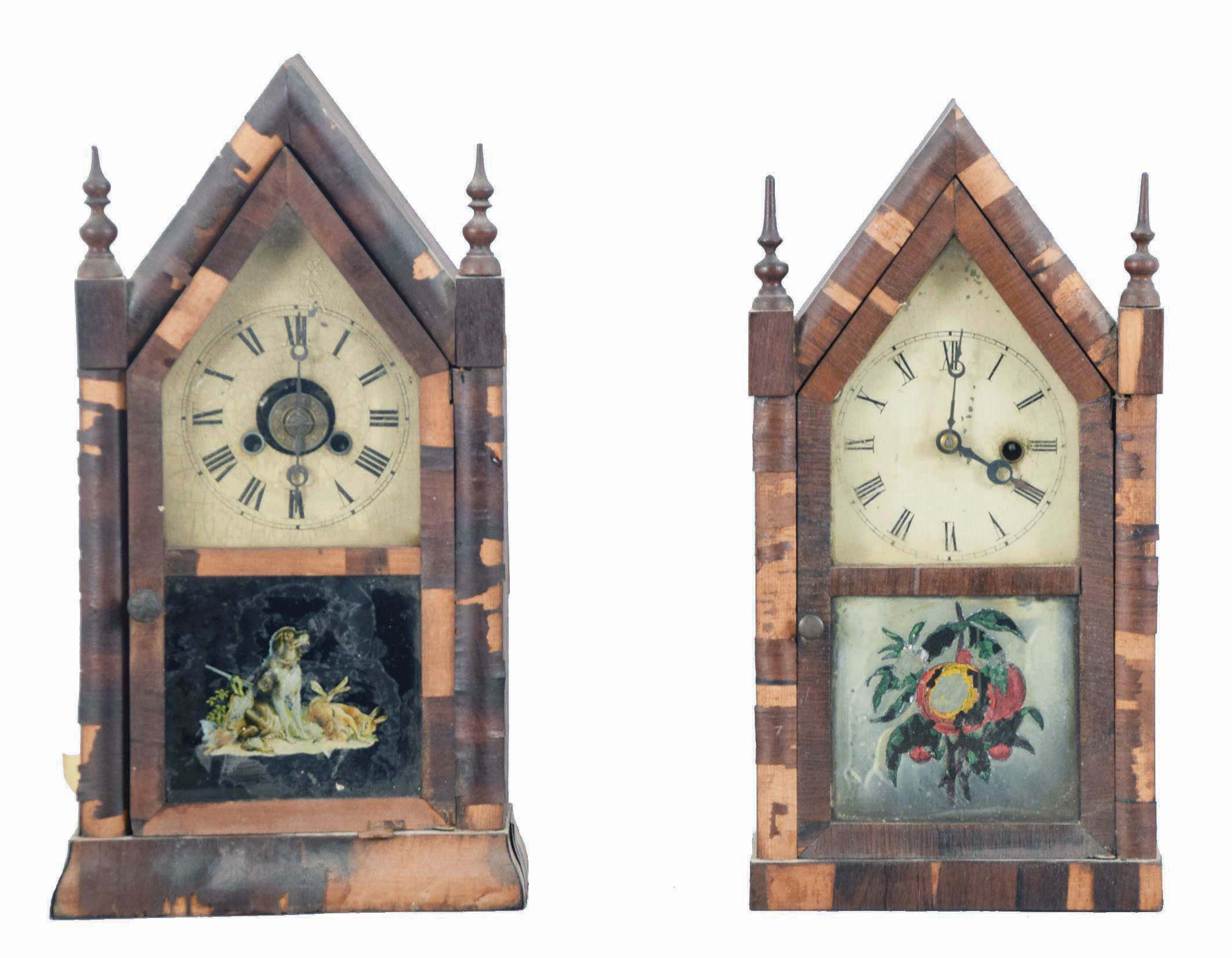 Clocks- 4 (Four): (1) Terry & Andrews, Bristol, Conn., Double Steeple shelf clock with an spring driven, 8 day, time and strike movement in a rosewood veneered case, c1850; (2) Sperry (Henry) and Shaw (George L.), 10 Cortlandt St., New York, steeple shelf clock with a spring driven, 8 day time, strike and alarm movemement in a rosewood veneered case.c1848. (3) New Haven Clock Co., New Haven, Conn. steeple shelf clock with a spring driven 30 hour timepiece movement in a rosewood veneered case, c1870. (4) Jerome & Co., New Haven, Conn., steeple shelf clock with a spring driven 30 hour time and alarm movement in a rosewood veneered case, c1870. — Antique Clocks Price Guide