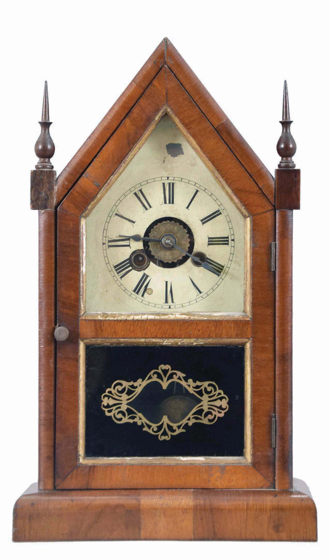 Clocks- 6 (Six): (1) Boardman and Wells, Bristol, Conn., steeple shelf clock with a spring driven 30 hour time and strike fusee movement in a mahogany veneered case, c1844; (2) Boardman and Wells, Bristol, Conn., steeple shelf clock with a spring driven 30 hour time and strike movement in a mahogany veneered case, c1844. (3) J. J. Beals & Co., Boston, Mass., steeple shelf clock with a spring driven, 8 day, time and strike movement (J. C. Brown, Forestville, Conn) in a mahogany veneered case, c1850. (4) Jerome & Co., New Haven, Conn steeple shelf clock (case only) c1860. (5) Brewster & Ingrahams, Bristol, Conn. steeple shelf clock with a (brass) spring driven 30 hour time and strike movement in a mahogany veneered case, c1850. (6) German mini steeple shelf clock with a 30 hour time and alarm movement in a veneered case, c1870. — Antique Clocks Price Guide