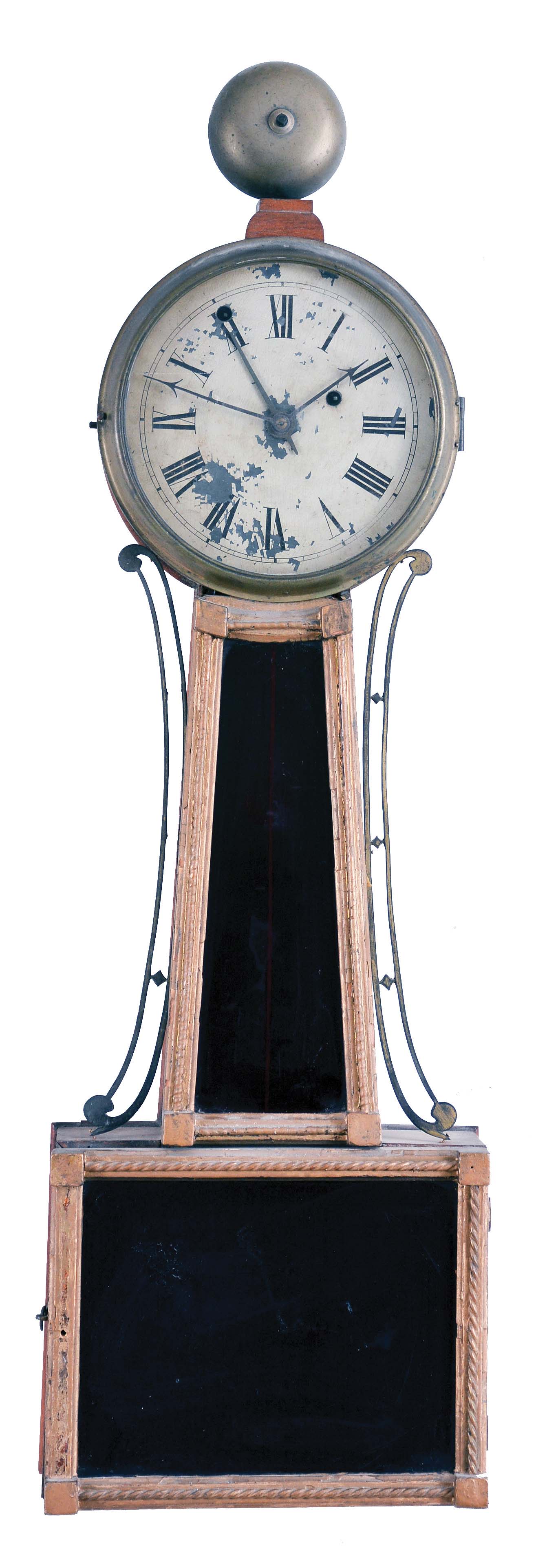 Clocks- 2 (Two): (1) Massachusetts, 8 day, time and alarm weight brass movement Patent or banjo timepiece with alarm on top bell in gilt front case, c1825; (2) Massachusetts, 8 day, weight brass movement Patent or banjo timepiece in gilt front case, c1825. — Antique Clocks Price Guide