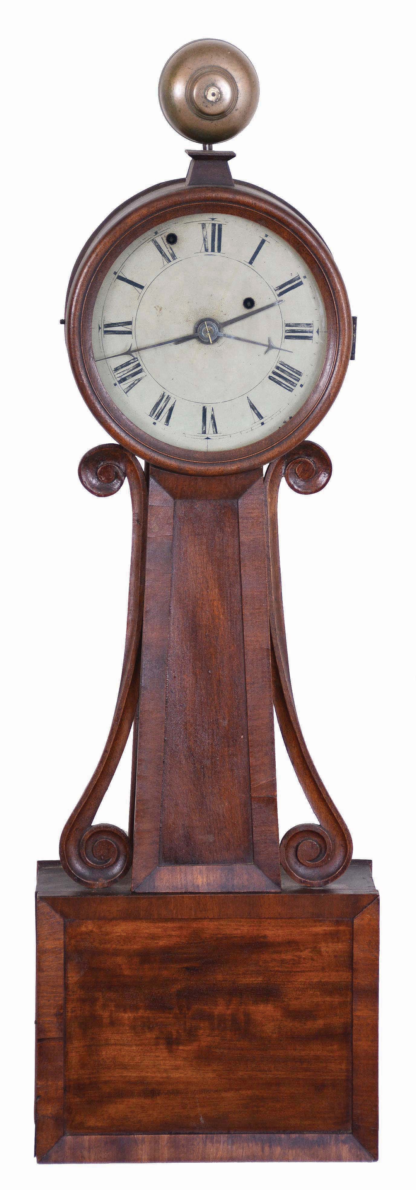 Massachusetts, 8 day, weight brass movement Patent or banjo timepiece with alarm and bell on top, in an Empire style case with mahogany veneered front and wooden side arms. Case is stamped "85". — Antique Clocks Price Guide