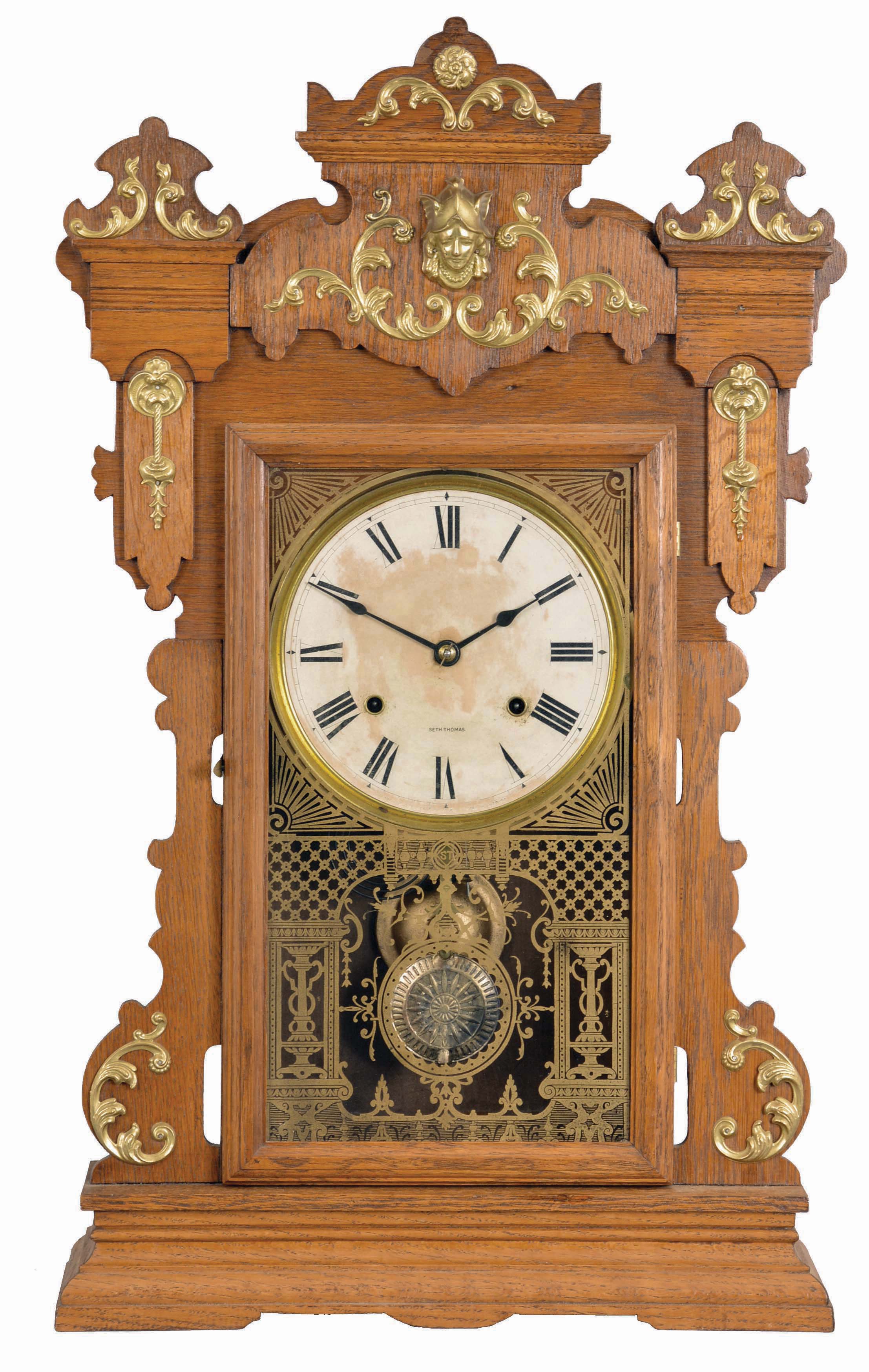 Seth Thomas Clock Co., Thomaston, Conn., "Dixie" city series, 8 day, time and strike, spring brass movement shelf clock. — Antique Clocks Price Guide