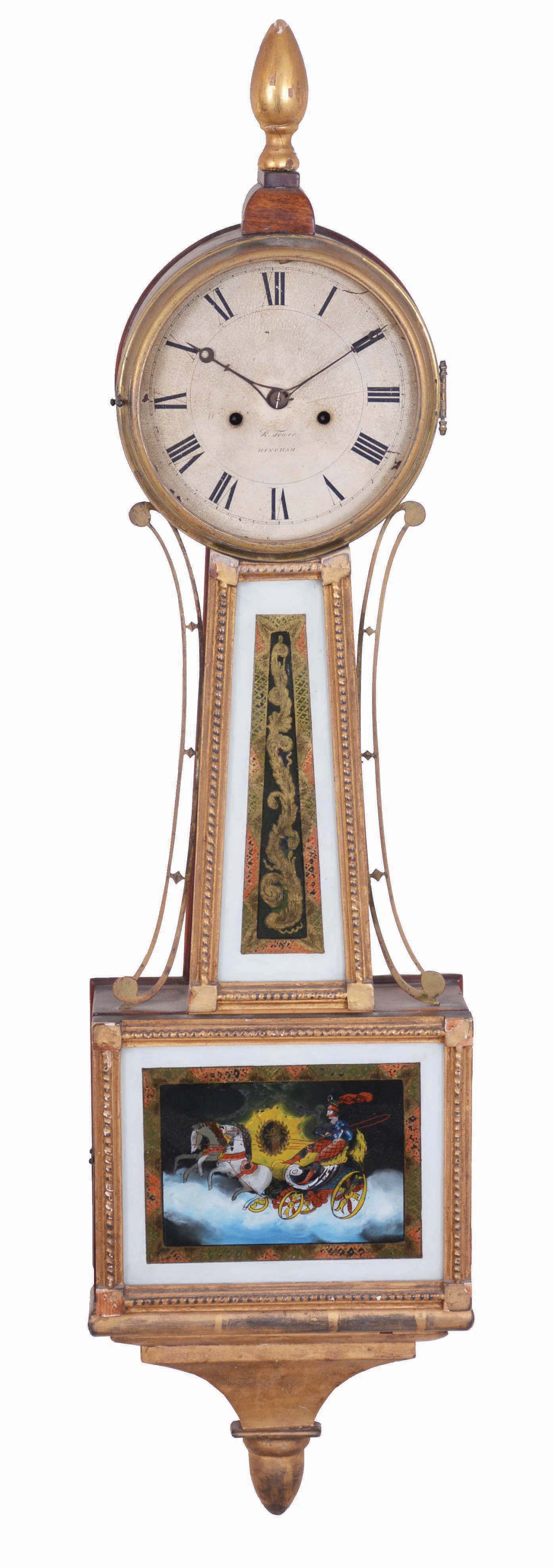 Reuben Tower, Hingham, Massachusetts Patent Timepiece "Banjo" Clock, with roman numeral iron dial signed "R. Tower/Hingham", mahogany case with gilded rope moldings enclosing the reverse-painted glasses, the throat a gilt scrolled foliate, the box glass a depiction of "Aurora", eight day time and strike movement with rack and snail hour strike on a top mounted bell, powered by two cast iron weights and regulated by a pendulum. — Antique Clocks Price Guide