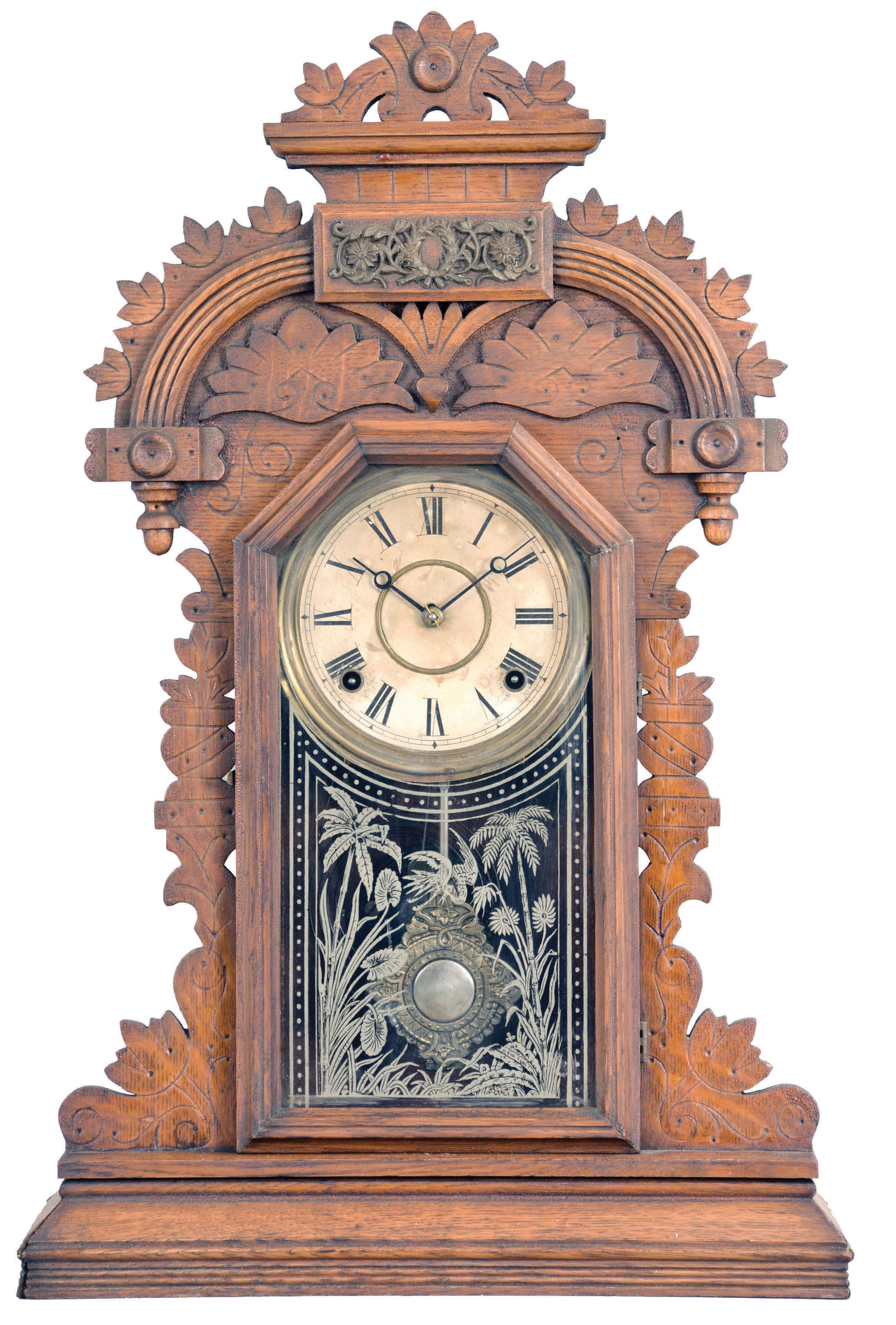 E. Ingraham & Co. Bristol, Conn., "Ducat", 8 day, time and strike, spring brass movement shelf clock. — Antique Clocks Price Guide