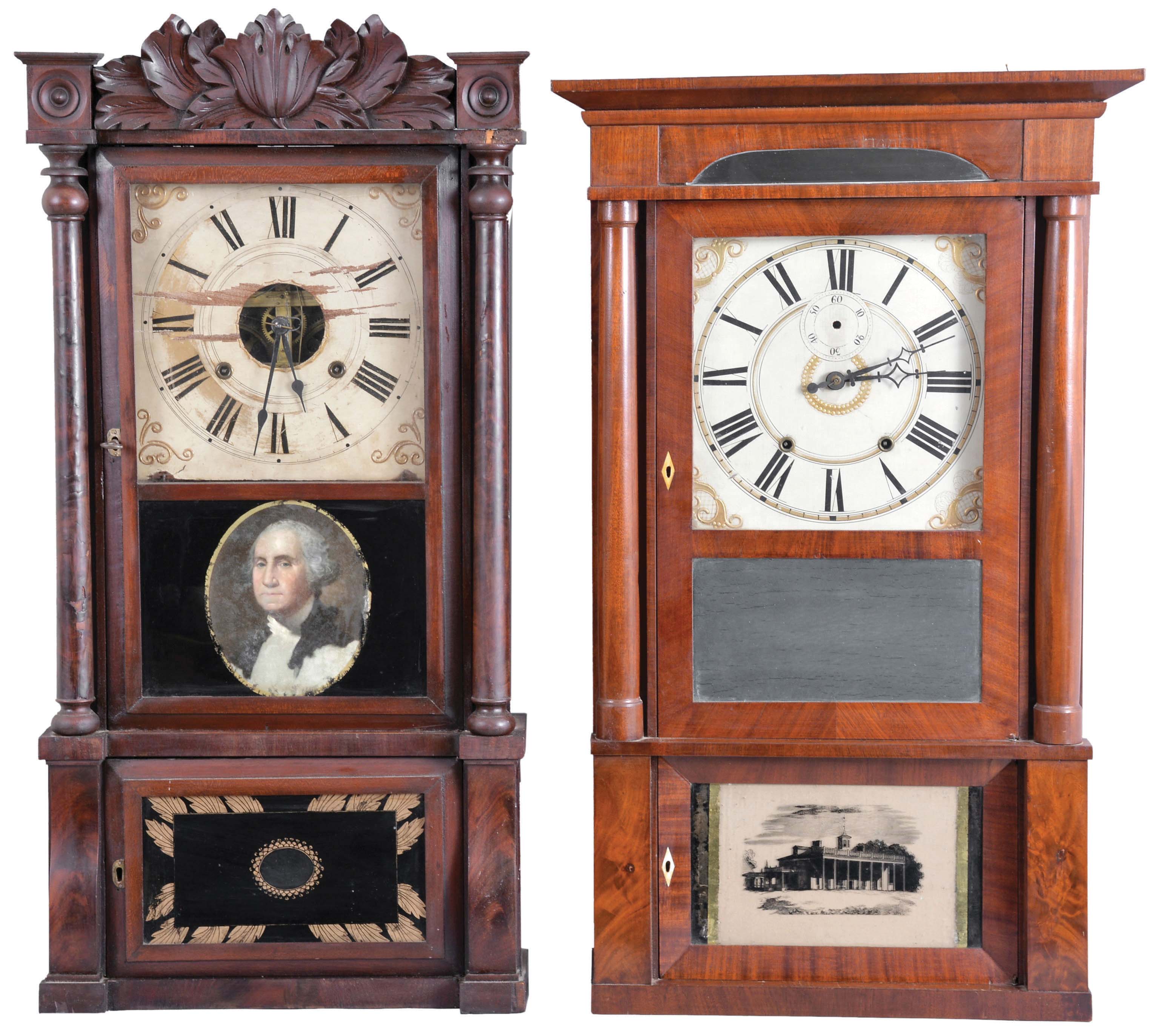 Clocks- 2 (Two): (1) Birge, Mallory & Co., Bristol, Conn., 8 day, time and strike, weight brass movement column & carved crest shelf clock, c1840; (2) Riley Whiting, Winchester, Conn., 8 day, time and strike, weight wood movement column & cornice shelf clock, c1830 — Antique Clocks Price Guide