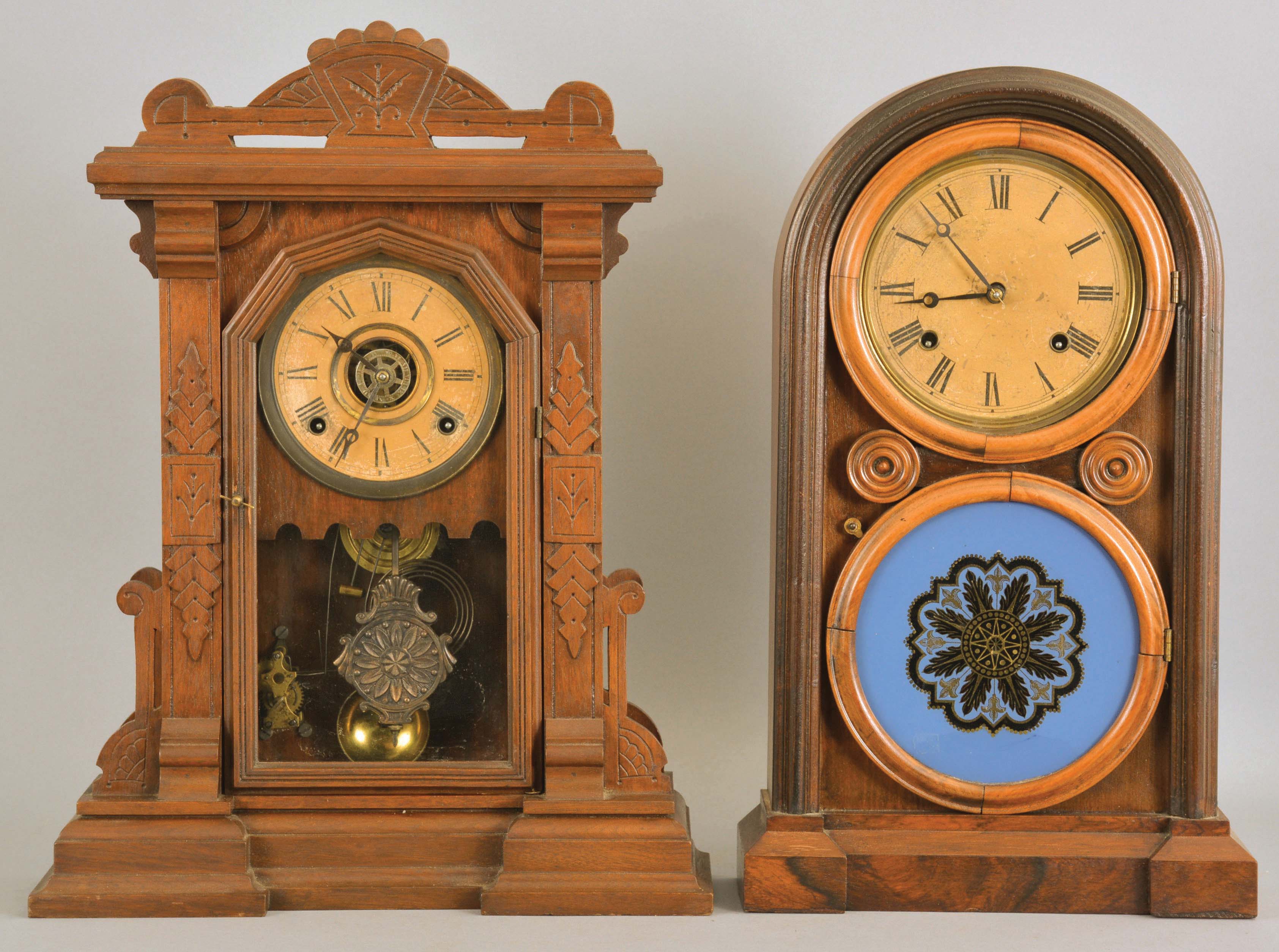 Clocks- 2 (Two): (1) E. Ingraham & Co., Bristol, Conn., "Venetian No. 1" shelf clock with a spring driven, 8 day, time and strike movement in a rosewood veneered case, c1870; (2) E. Ingraham & Co., Bristol, Conn., unidentifed shelf clock with a spring driven, 8 day time, strike and alarm movement in a walnut case, c1885. — Antique Clocks Price Guide