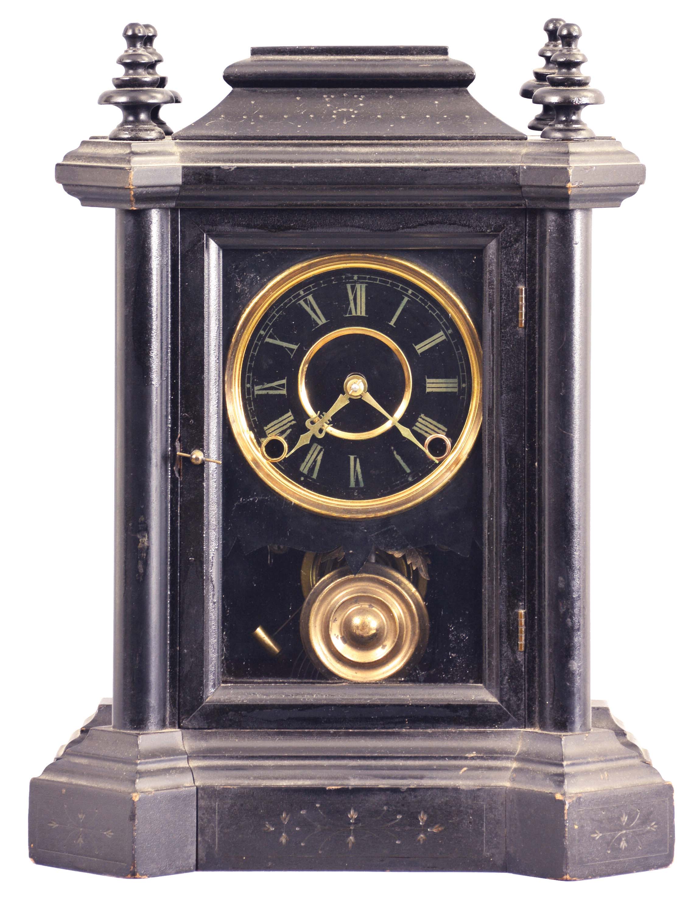 E. Ingraham & Co., Bristol, Conn., "Domino", 8 day, time and strike, spring brass movement black mantel clock. — Antique Clocks Price Guide