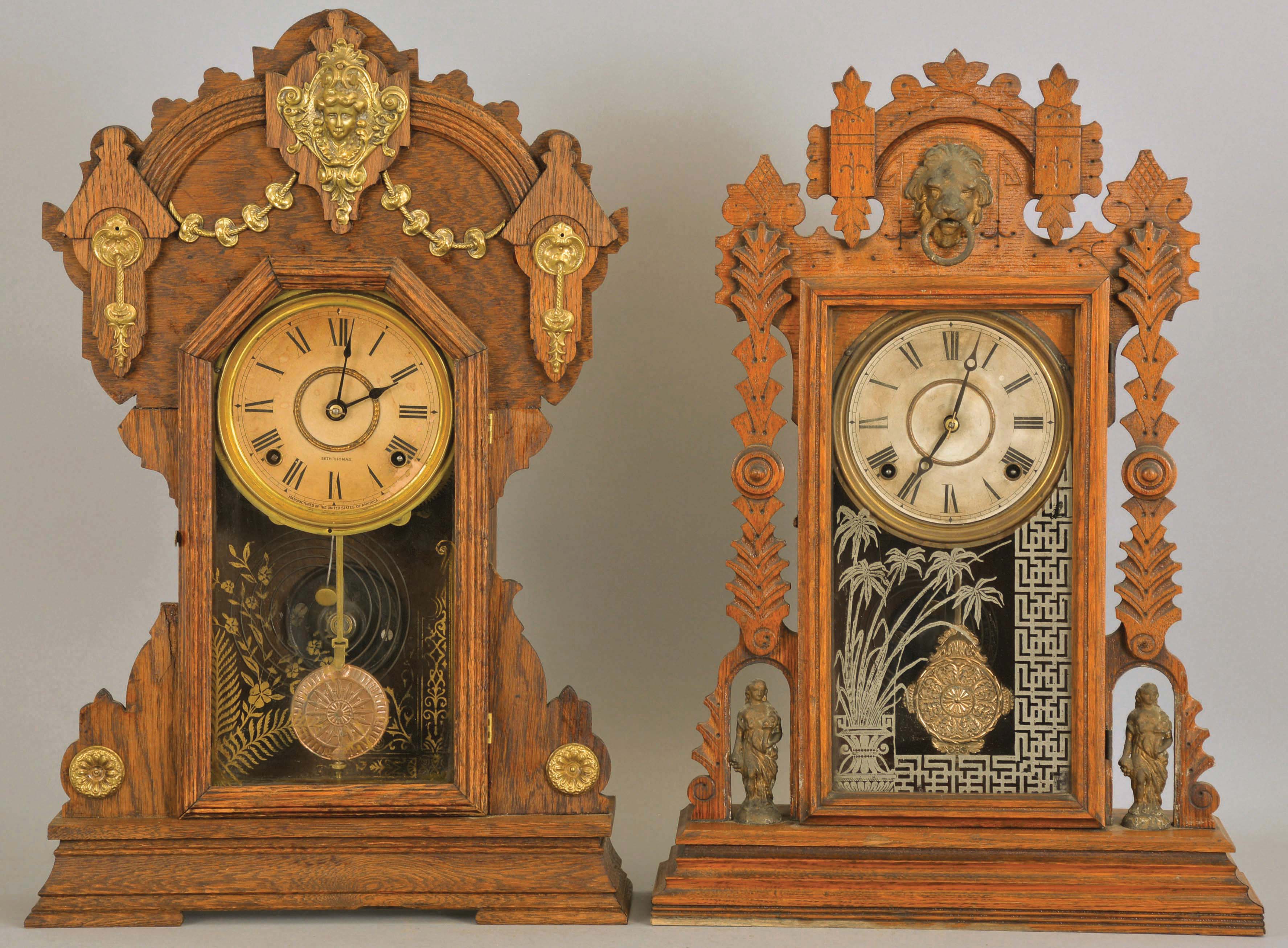 Clocks- 2 (Two): (1) Seth Thomas Clock Co., Thomaston, Conn., 8 day, time and strike, spring brass movement shelf clock. We could not find this model in the catalog, but was a premium series adapted from the applied brasses series, c1900; (2) E. Ingraham & Co., Bristol, Conn., "Shekel", 8 day, time and strike, spring brass movement shelf clock, c1891 — Antique Clocks Price Guide