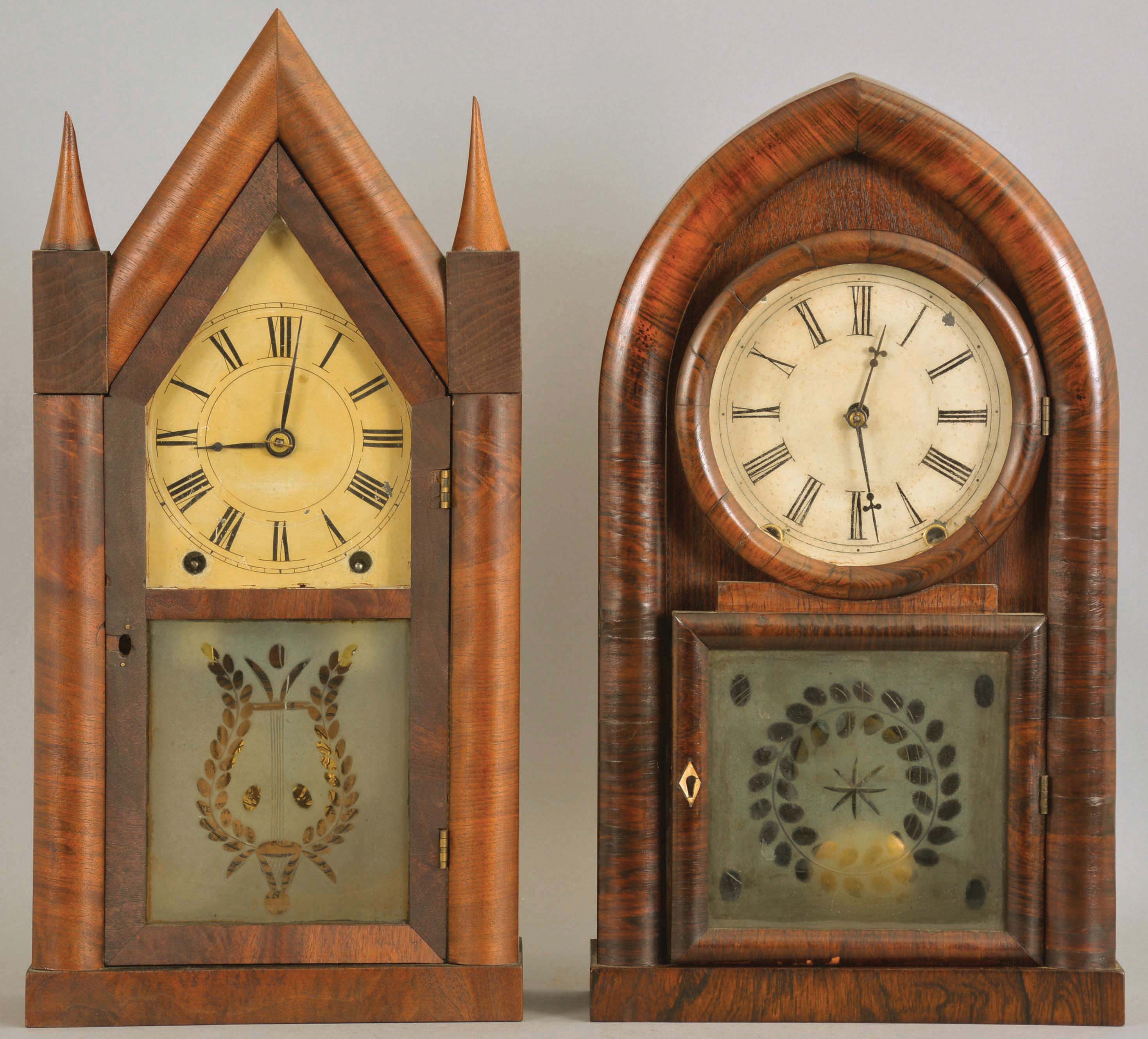 Clocks- 2 (Two): (1) Jonathan Frost, Reading, Mass. (by Brewster & Ingrahams, Bristol, Conn. and sold by Frost), 8 day, time and strike, spring brass movement Sharp Gothic or Steeple clock; (2) Brewster & Ingrahams, Bristol, Conn., 8 day, time and strike, spring brass movement Round Gothic or Beehive shelf clock. — Antique Clocks Price Guide