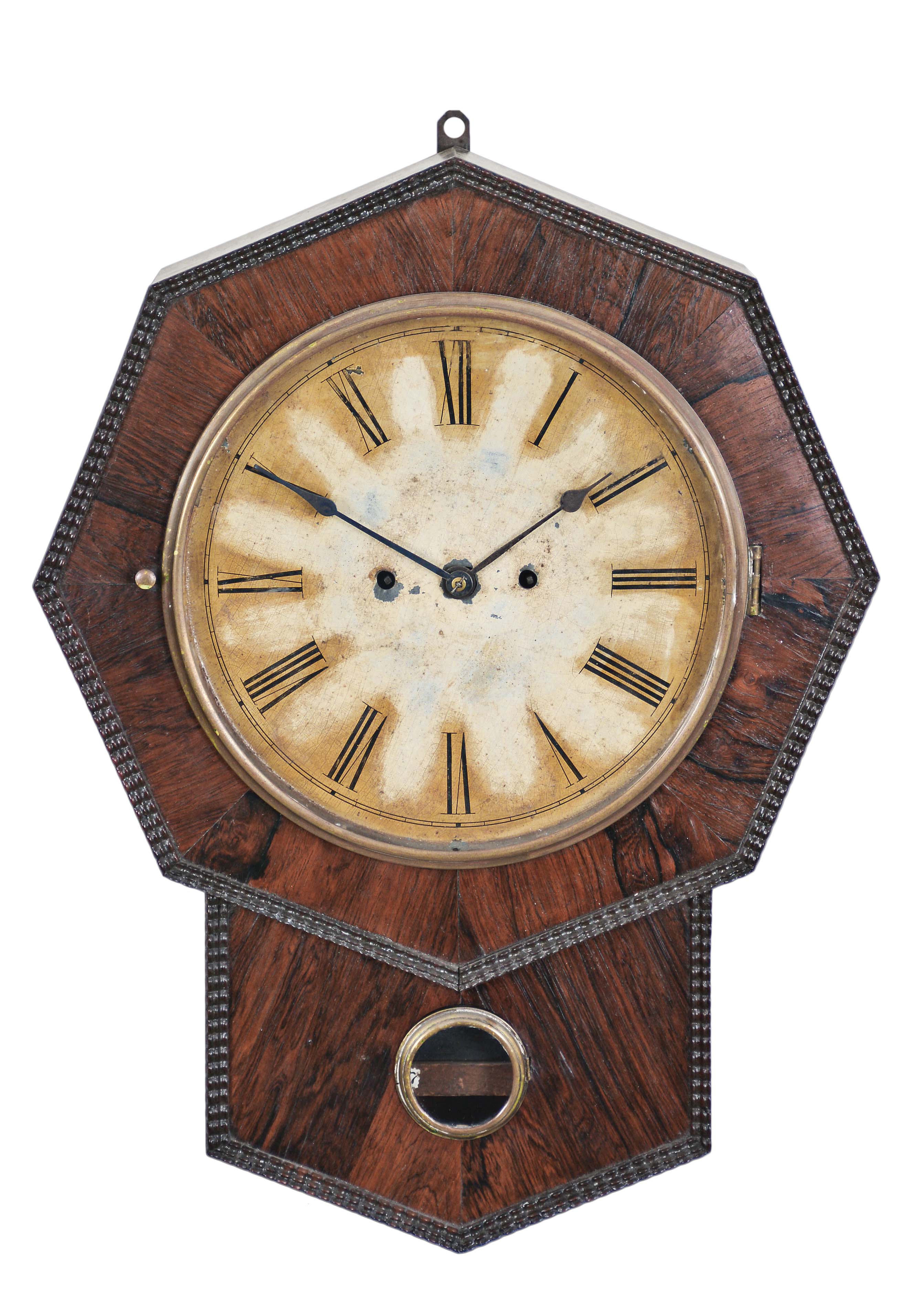 Atkins, Whiting & Co. Bristol, Conn., 30 day, wagon spring brass and iron wheel type II movement with roller verge ripple molding drop octagon wall timepiece. — Antique Clocks Price Guide