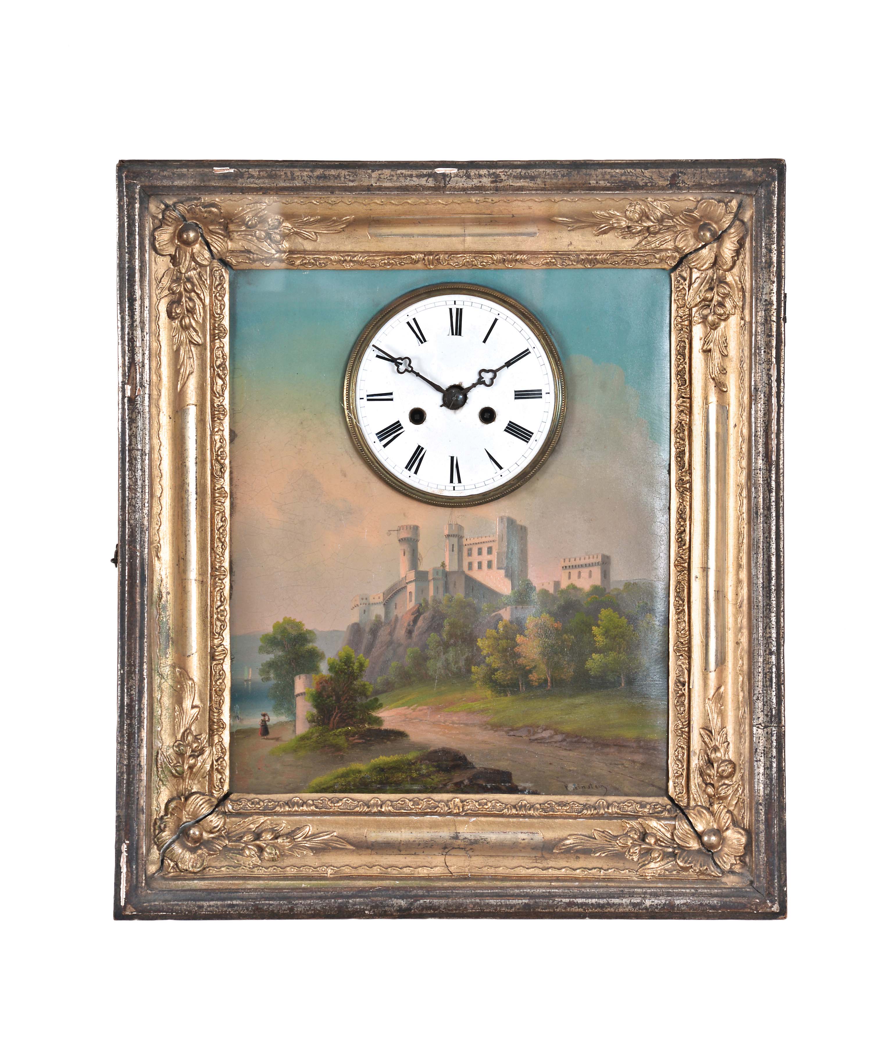 Germany, a very decorative picture frame clock, the deeply molded, gilt frame with applied floral and foliate ornament, with a good oil painting on zinc, depicting a large castle on a cliff overlooking a lake, surrounded by a verdant landscape, and signed at lower right, Roman numeral white enamel dial, blued steel trefoil hands, 30- 60 hour brass, spring driven time and strike movement with silk thread suspension — Antique Clocks Price Guide