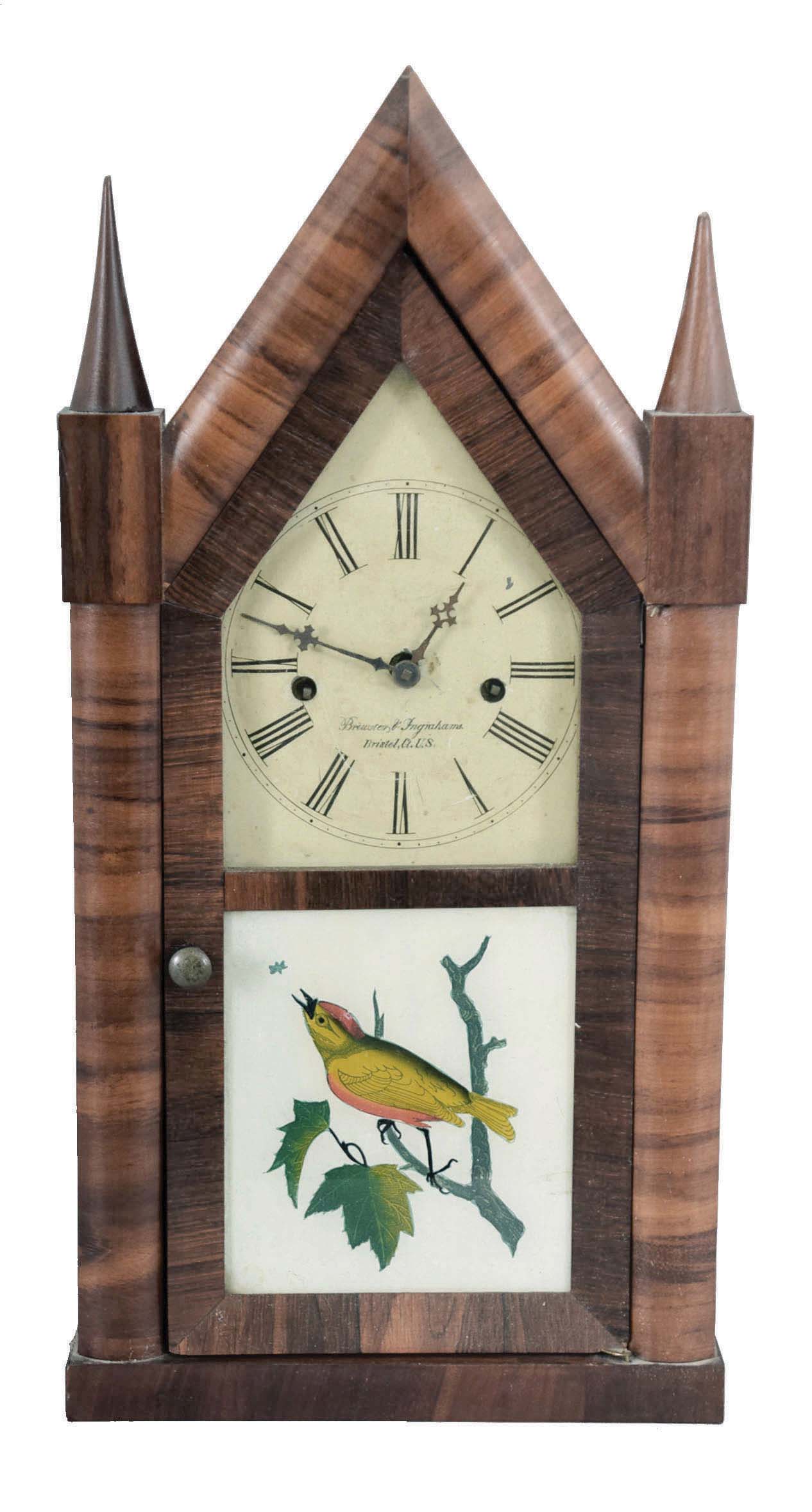 Brewster & Ingrahams, Bristol, Conn., "Sharp Gothic" shelf clock with a spring driven 30 hour time and strike fusee movement in a mahogany veneered case. — Antique Clocks Price Guide
