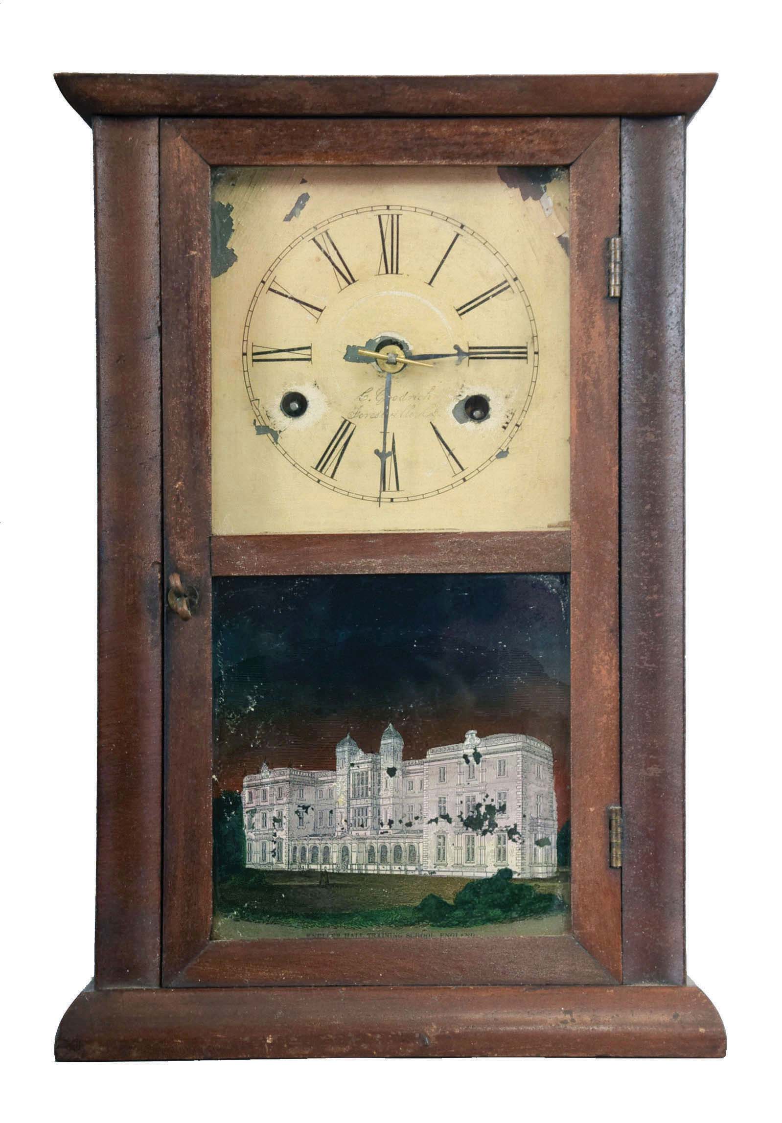 Chauncey Goodrich, Bristol, Conn. small Empire mahogany veneered case shelf clock with a spring driven 30 hour time and strike movement. — Antique Clocks Price Guide