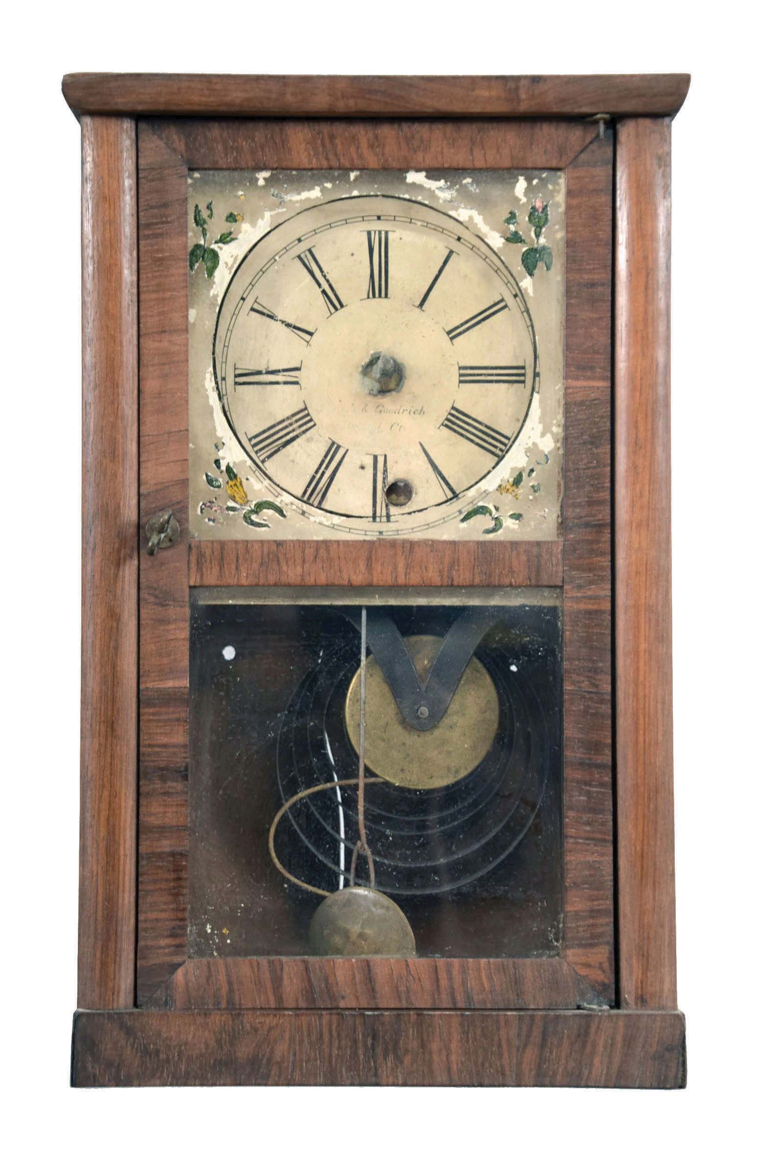 Smith (Samuel B.) & Goodrich (Chauncey), Bristol, Conn. miniature empire shelf clock with a spring driven, 8 day fusee timepiece movement in a rosewood veneered case. — Antique Clocks Price Guide