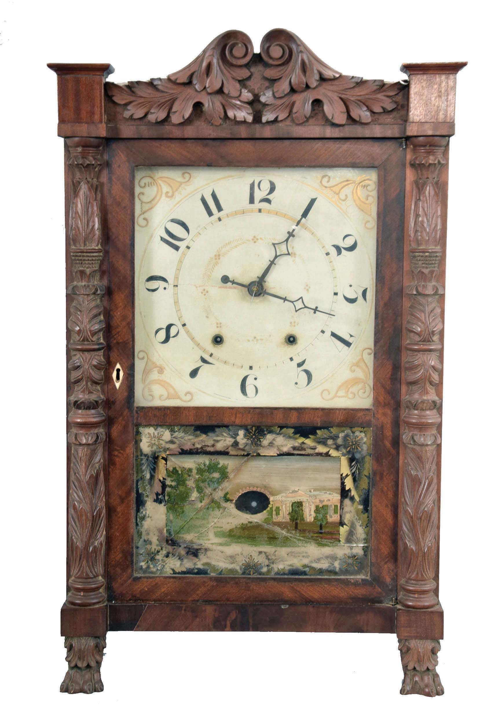 Mark Leavenworth & Son, Waterbury, Conn., 30 hour, time and strike, weight wood movement in short carved column & splat shelf clock case. — Antique Clocks Price Guide