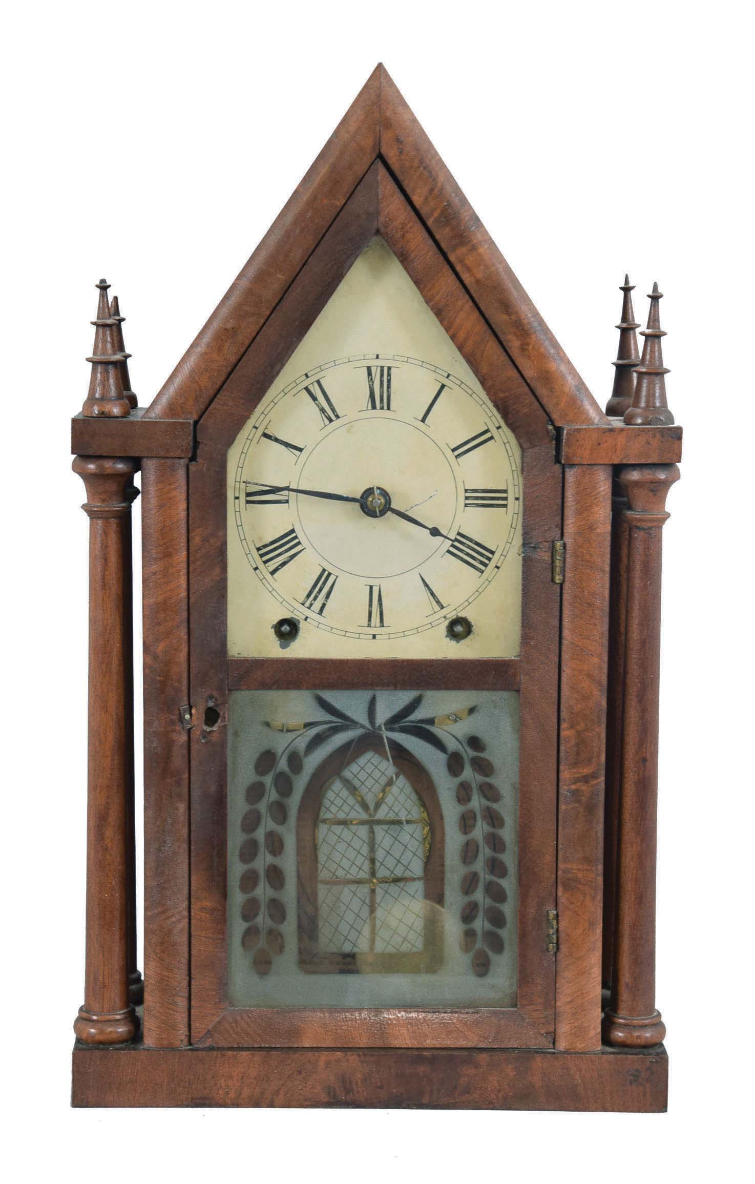 Brewster & Ingrahams, Bristol, Conn. (sold by Daniel Pratt & Sons), Four Column Sharp Gothic shelf clock with a (brass) spring driven, 8 day, time and strike movement in a mahogany veneered case — Antique Clocks Price Guide