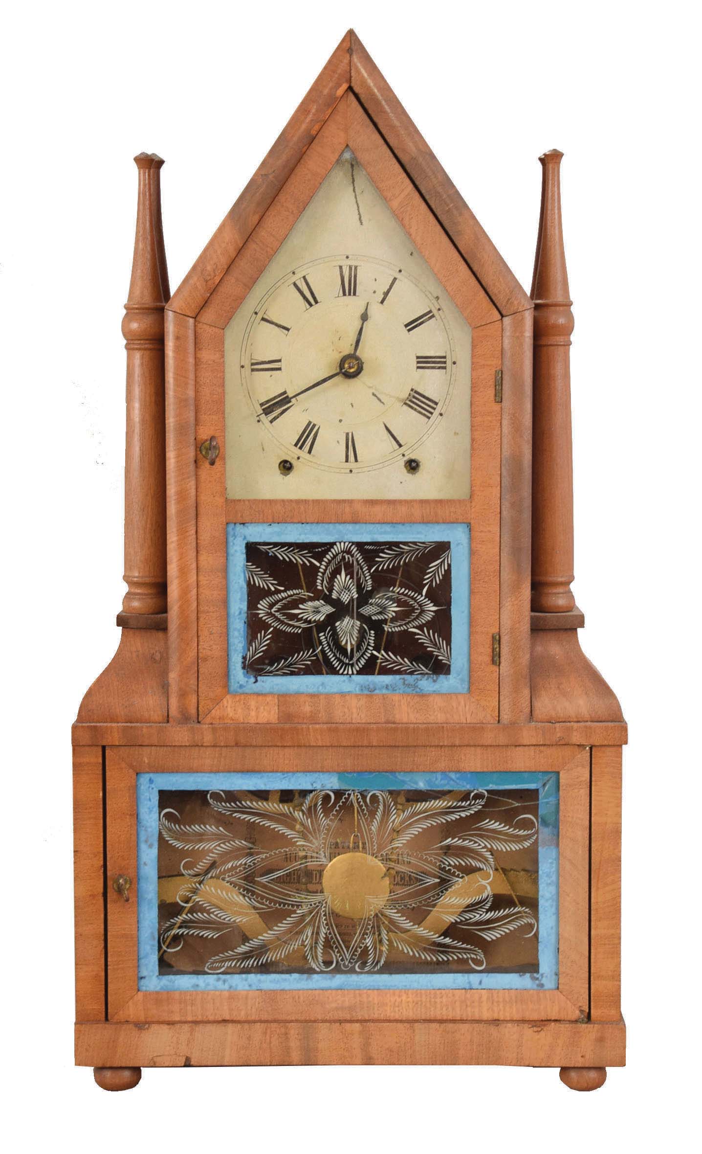 Birge & Fuller, Bristol, Conn. Steeple on Frame with Candle Finials shelf clock with an wagon spring driven, 8 day, time and strike movement. — Antique Clocks Price Guide
