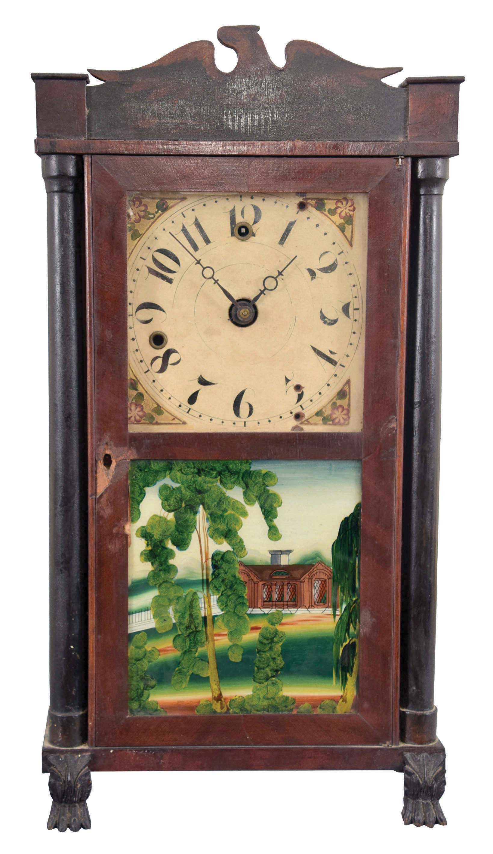 Silas Hoadley, Plymouth, Conn., 30 hour, time and alarm miniature column & splat shelf clock. — Antique Clocks Price Guide