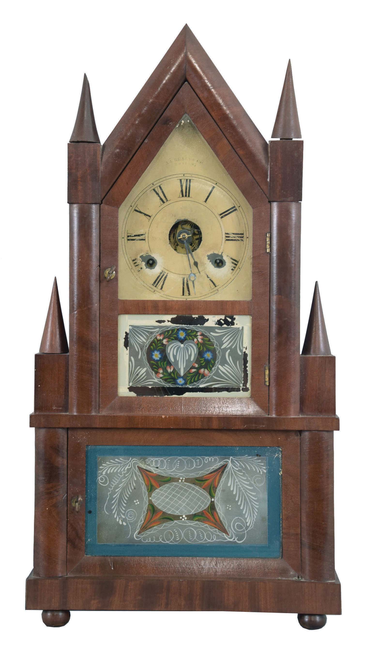 Birge & Fuller, Bristol, Conn., (sold by J. J. Beals, Boston) steeple on frame shelf clock with a wagon spring driven 30 hour time and strike movement in a mahogany veneered case. — Antique Clocks Price Guide