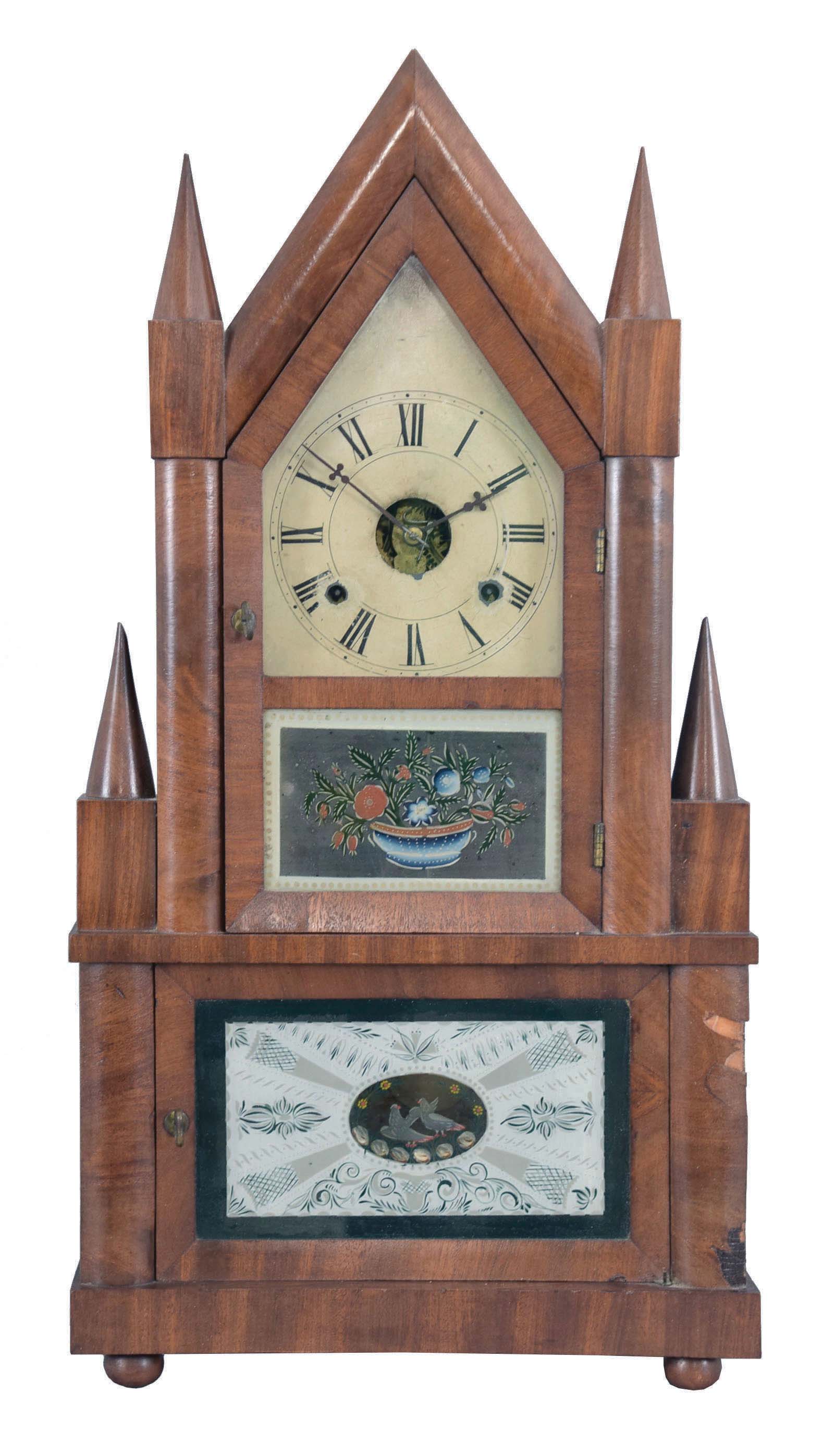 Birge & Fuller, Bristol, Conn., (sold by J. J. & W. Beals, Boston) steeple on frame shelf clock with a wagon spring driven 30 hour time and strike movement in a mahogany veneered case. — Antique Clocks Price Guide