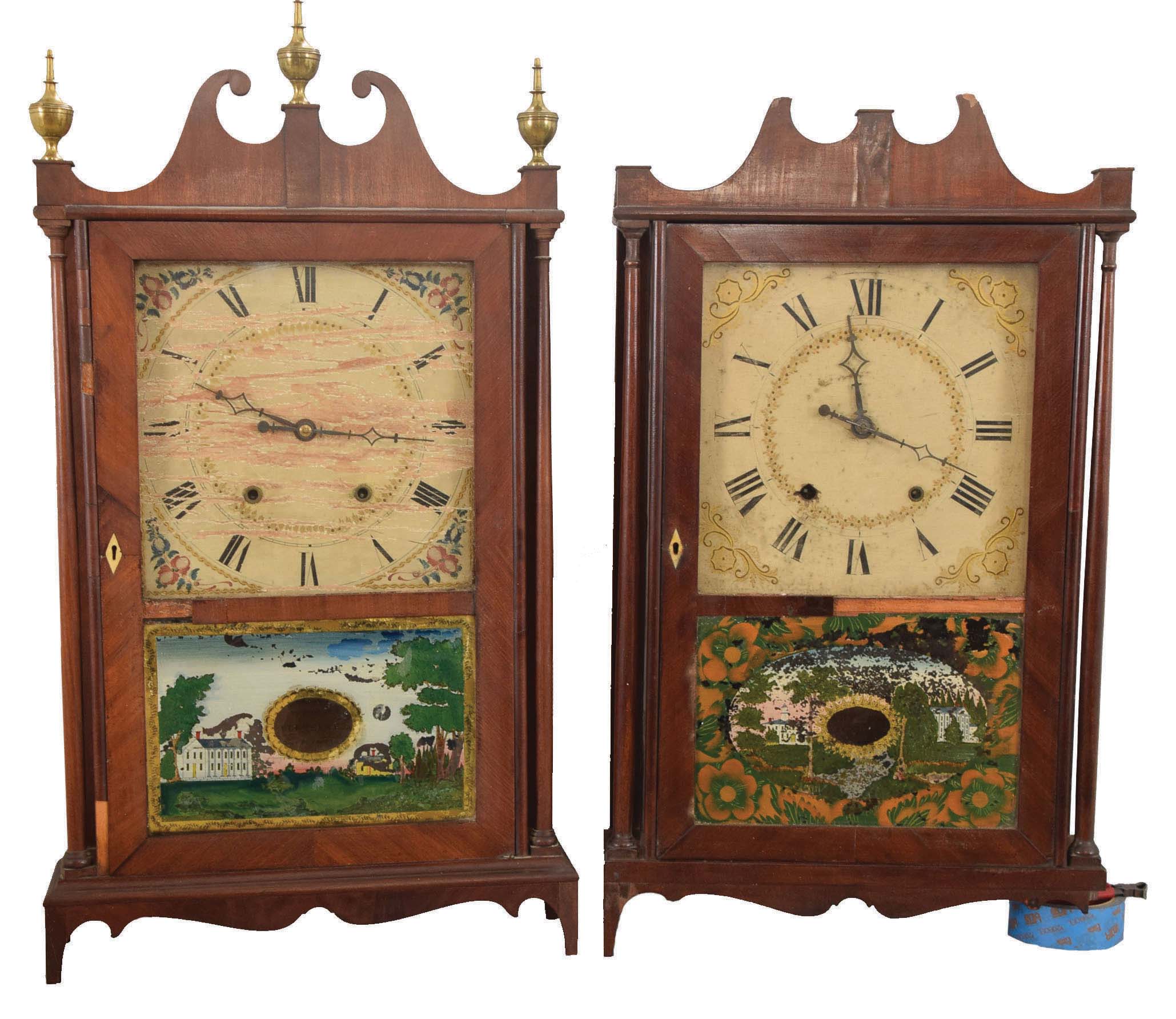 Clocks- 2 (Two): (1) Ephraim Downs, Bristol, Conn., 30 hour, time and strike, weight wood movement pillar & scroll shelf clock; (2) E. Terry & Sons, Plymouth, Conn. 30 hour, time and strike, weight wood movement pillar & scroll shelf clock. — Antique Clocks Price Guide