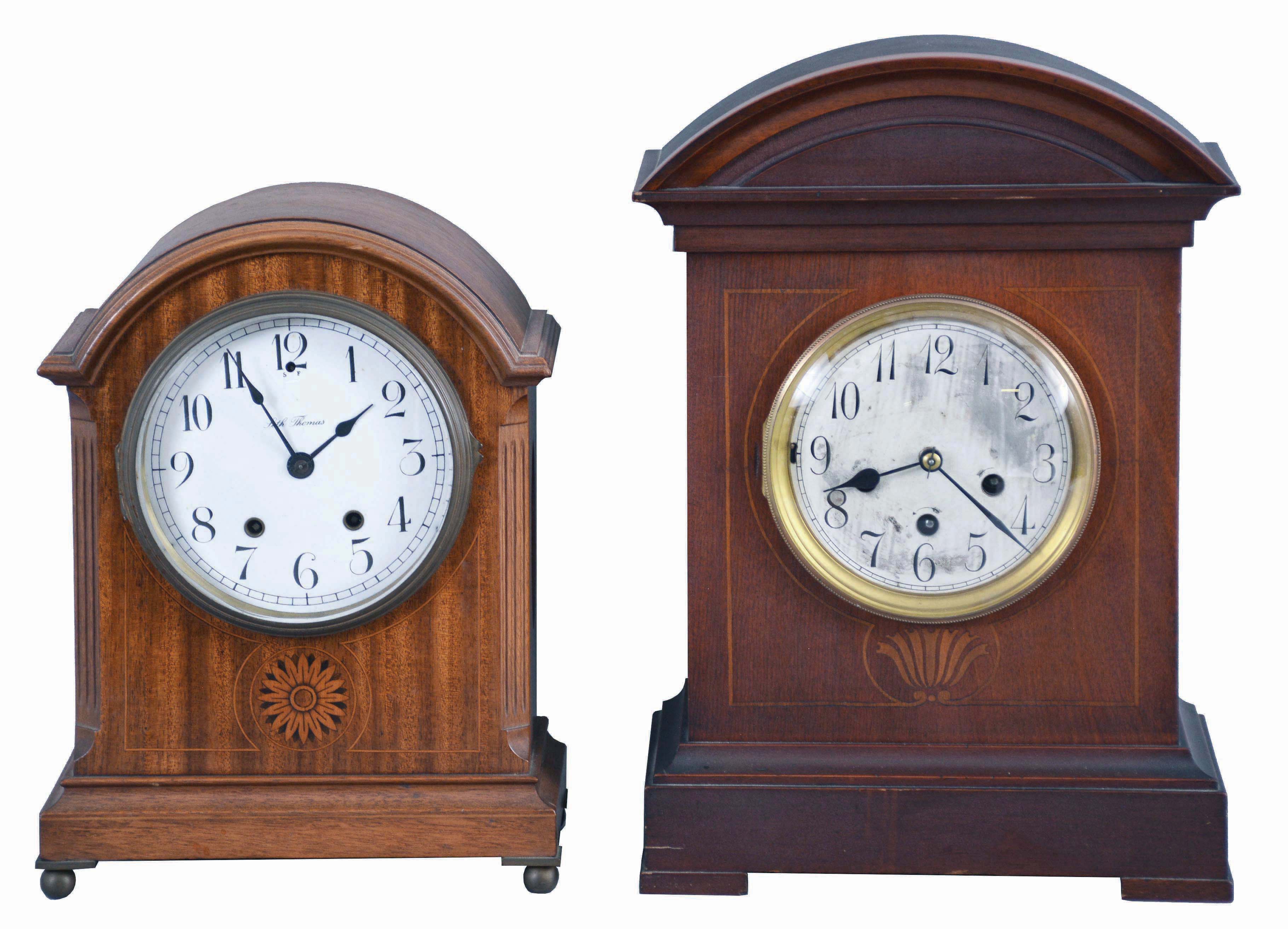 Clocks- 2 (Two) Mahogany Shelf: (1) Junghans, Wurttemberg, Germany, Westminster chime shelf clock, 8 day, spring driven A07 movement in a mahogany case with inlay and silvered dial with Roman numerals; (2) Seth Thomas Clock Co., Thomaston, Conn., "Tory" cabinet clock, 8 day, spring driven round movement in a mahogany case with white enamel dial, shaded marquetry, all on brass ball feet, c1913. — Antique Clocks Price Guide