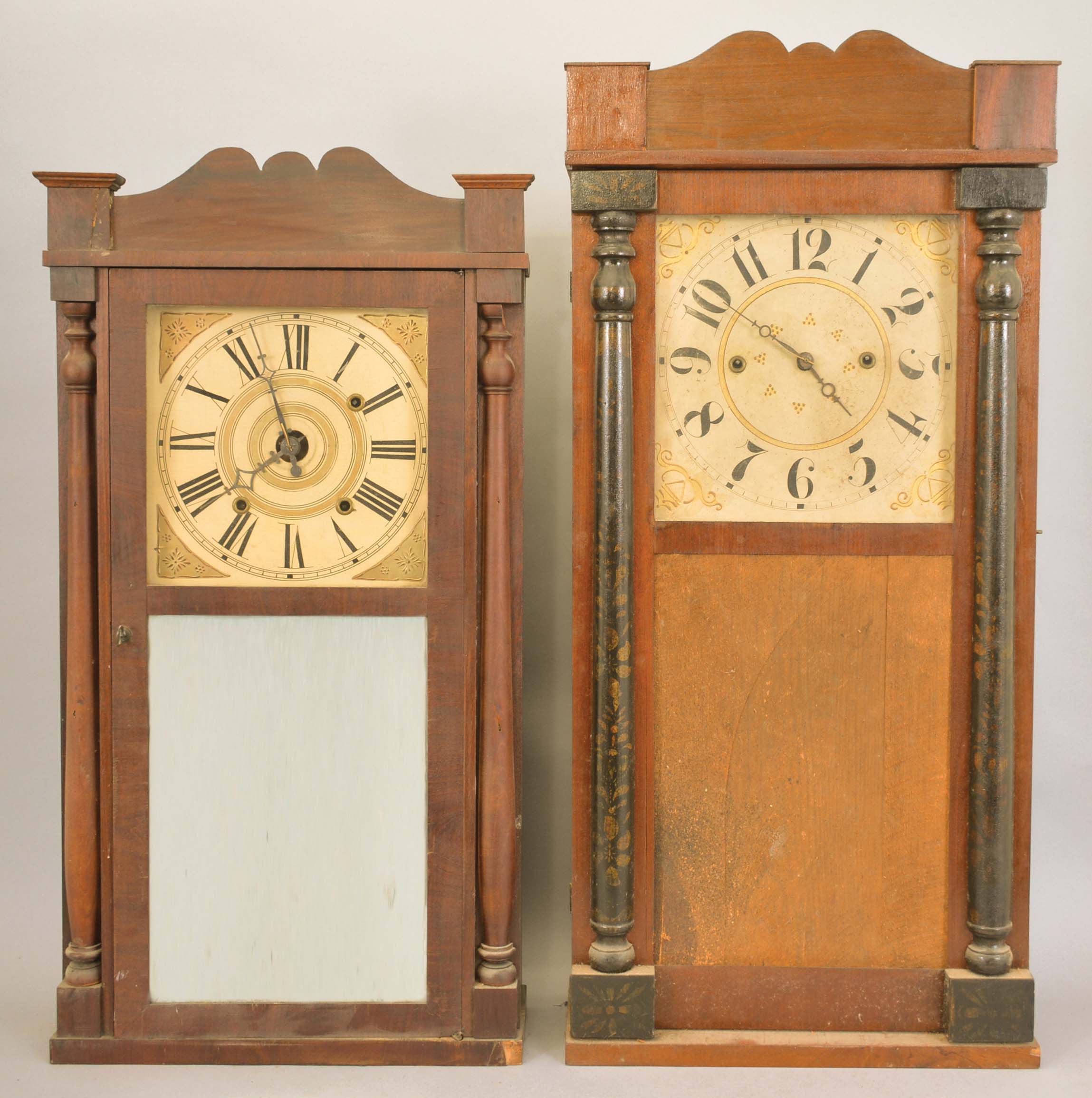 Clocks- 8 (Eight) clocks and one clock case including: 3 ogee clocks, one wooden and two brass works by Sperry & Shaw, Elisha Manross, and William S. Johnson; 2 half column and splat clocks by Daniel Pratt and David Dutton; French perpetual calendar clock parts signed R. Heslop, Paris; Unsigned German cuckoo clock; French crystal regulator with Marti movement; Black slate mantel clock case with red marble accents. — Antique Clocks Price Guide