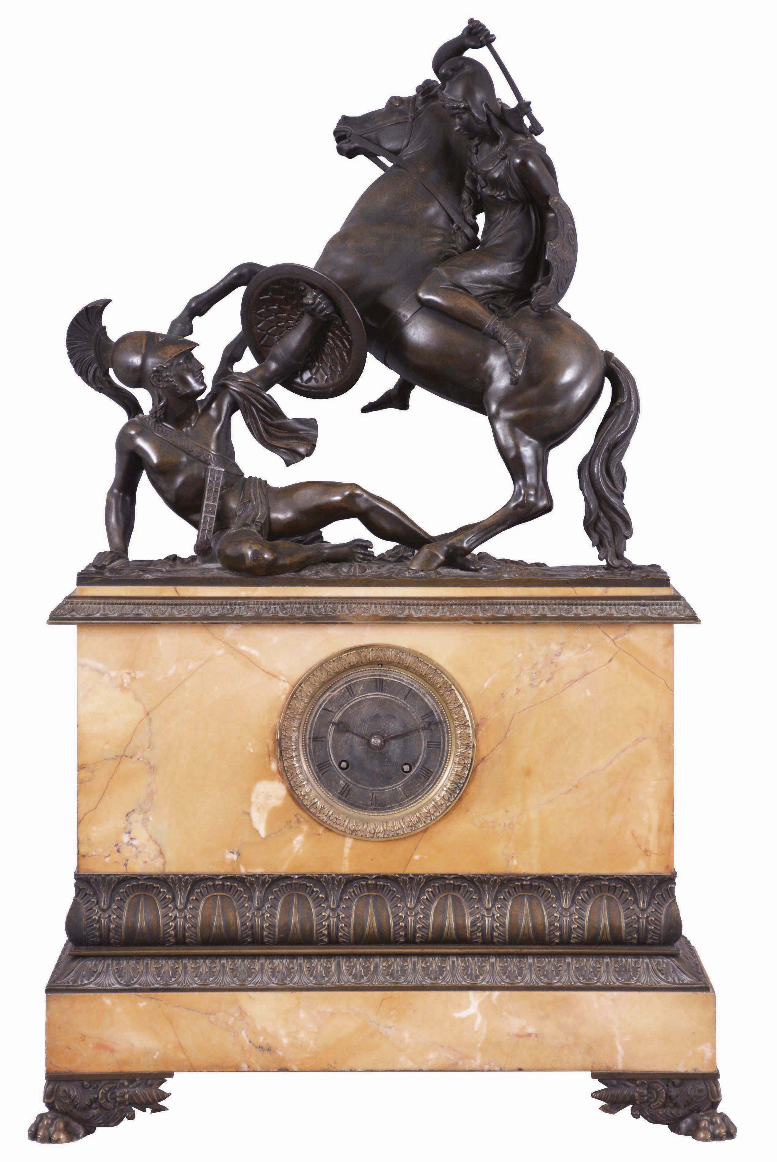 France, marble and bronze, a large and monumental depiction of Joan of Arc (battle c1430) with axe in hand, ready to strike a male warrior with his shield held in defense. With a good bell strike movement w/ silk thread suspension (adjust above dial) silvered dial and moon hands. — Antique Clocks Price Guide