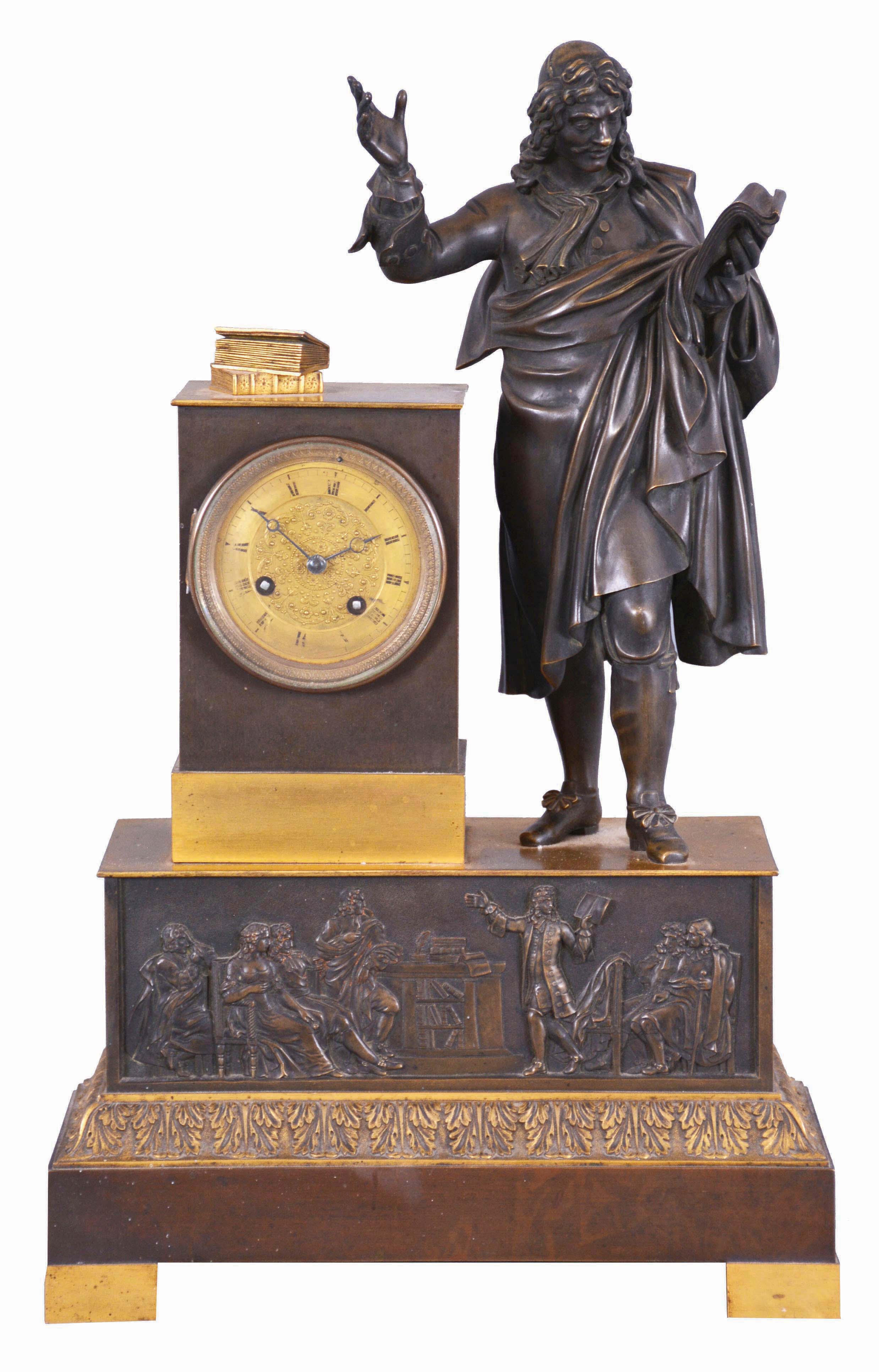 French. bronze & ormolu figural clock, depicting a French Barrister with his law books atop pedestal, and reading scrolls held in his left hand. The well made bell strike movement, with silk thread suspension, with bezel and glazed door intact over dial, the brass dial center embossed, and the silvered chapter ring with painted Roman Numerals. — Antique Clocks Price Guide