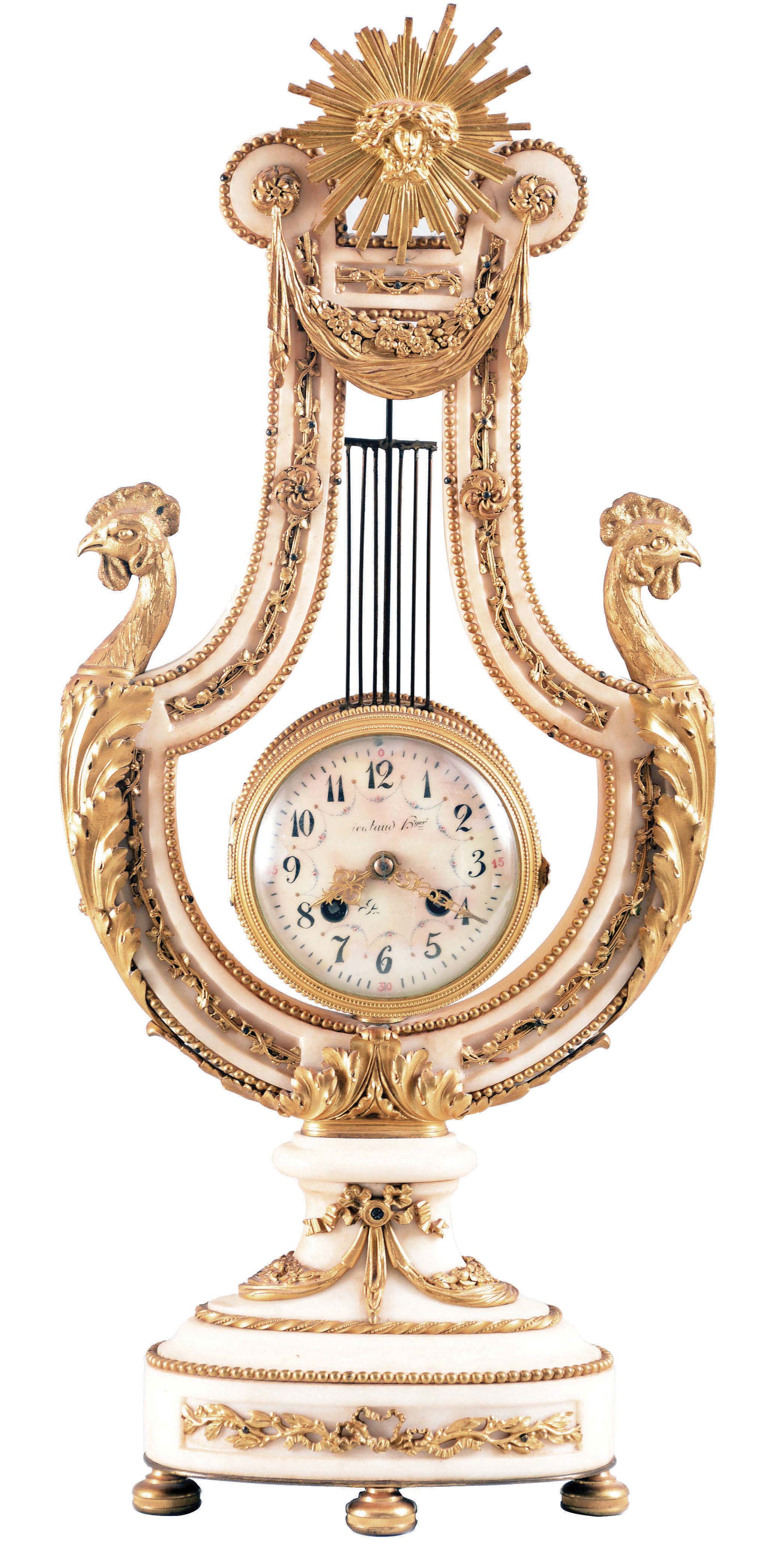 France, a gilt bronze mounted marble lyre clock, the case richly ornamented with classical ornament and with outward facing "le coq gaulois", Arabic numeral white enamel dial with floral garlands, pierced and engraved Louis XV style hands, and pendulum with Medusa mask suspended above the 8 day, time and strike pendule de Paris movement — Antique Clocks Price Guide