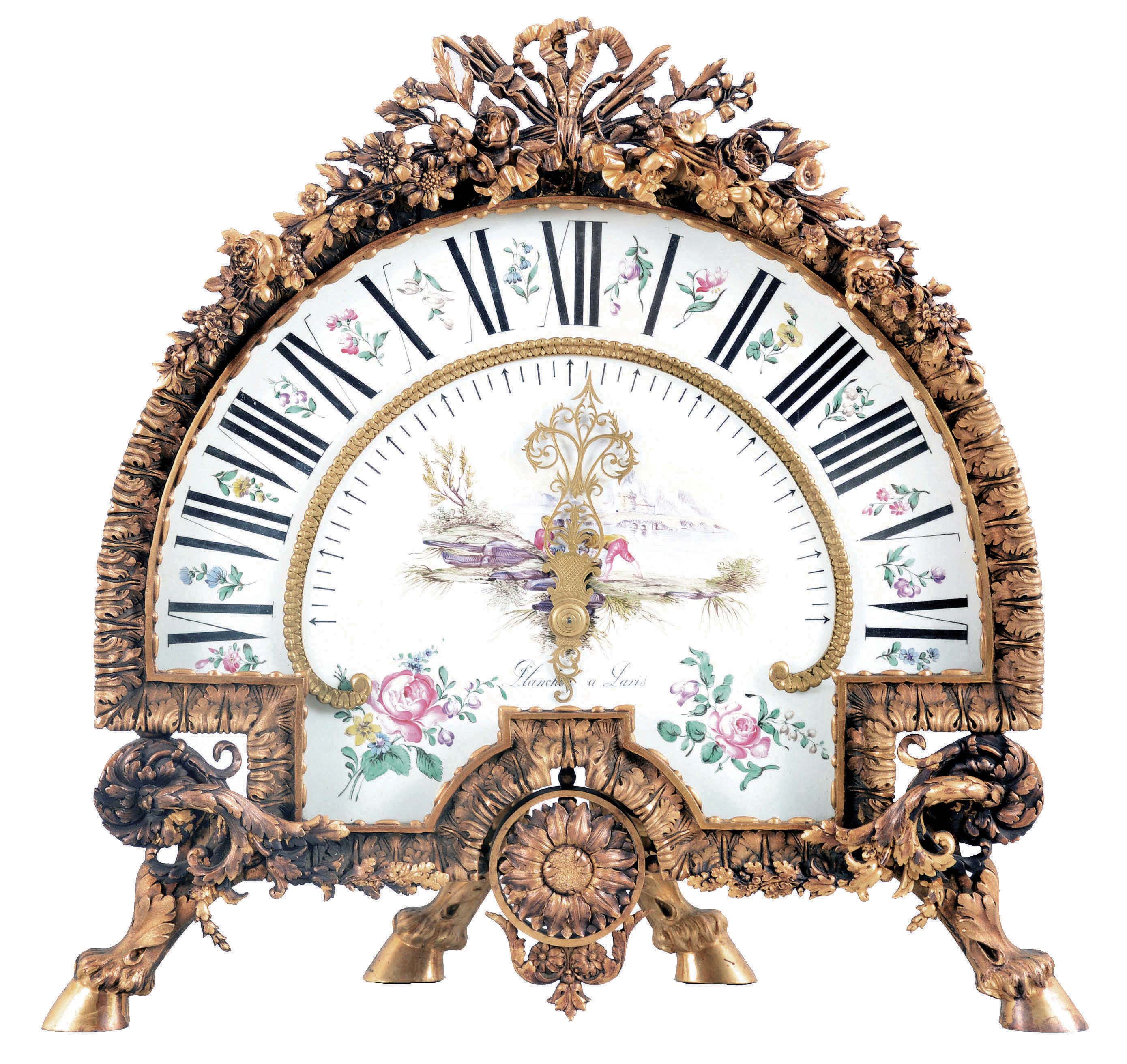 Planchon, a Paris, a rare and highly ornamental sector clock with retrograde display, the demi lune, gilt bronze case resting on hoof feet with foliate ornament, the case frame with acanthus border, sunflower form drop, and surmounted by bowknot tied floral sprays, Roman numeral white enamel dial, the center with polychrome enamel painting featuring figures on a shoreline, and with a single, elaborately fretted and engraved gilt hand, transiting the 180 degree dial once in twelve hours, then promptly returning to its starting point, 8 day, time and strike movement with retrograde function and lever platform — Antique Clocks Price Guide