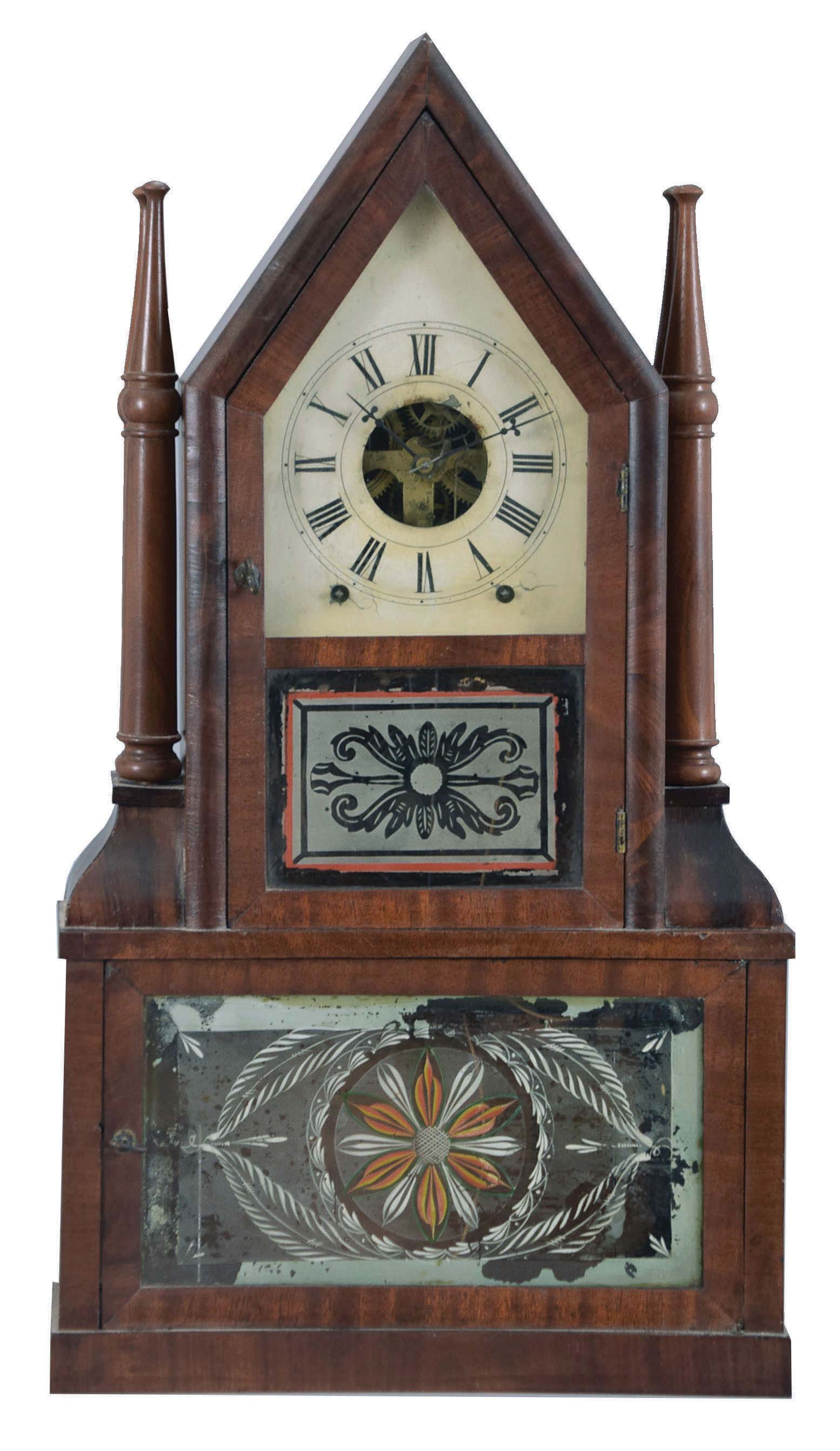 Birge & Fuller, Bristol, Conn., steeple on frame shelf clock with candle finials with a spring driven, 8 day fusee time and strike movement in a mahogany veneered case. — Antique Clocks Price Guide