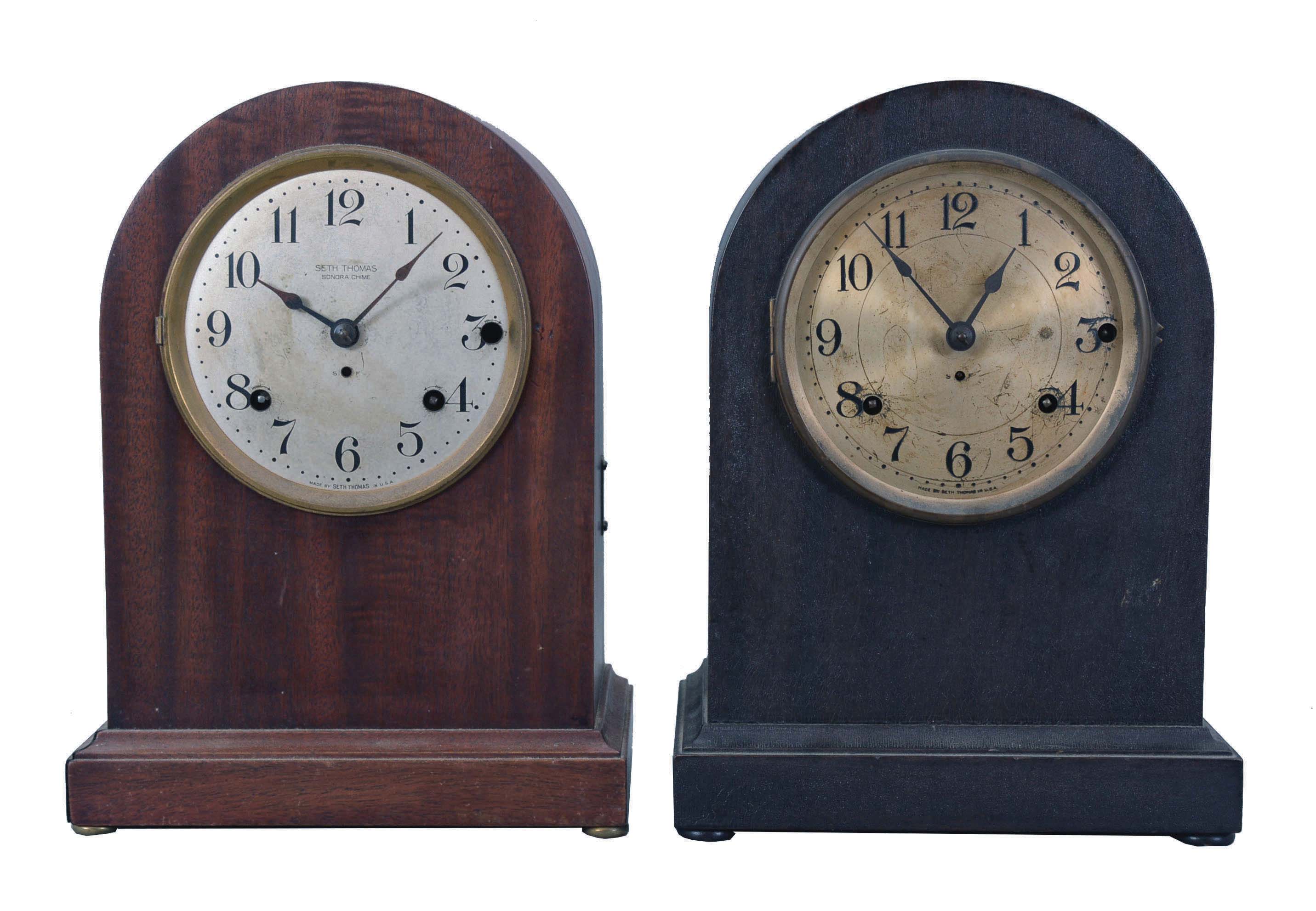 Clocks- 4 (Four) Chiming Mantel: 3 Seth Thomas "Sonora" chime clocks, the first a 5 bell model in mahogany round top case, the second a 4 chime rod model in walnut round top case, the last a 4 bell model in an oak case. The final clock is two-movement chiming clock playing Westminster on cathedral gongs. — Antique Clocks Price Guide