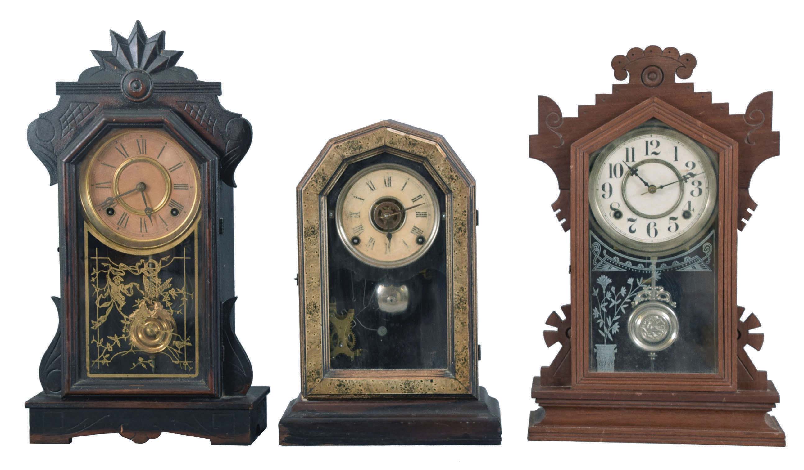 Clocks- 6 (Six): (1) E. Ingraham & Co.,Bristol, Conn., "Venetian" shelf clock with a spring driven, 8 day, time and strike movement in a rosewood veneered case, c1875; (2) E. Ingraham Clock Co., Bristol, Conn., "Halcyon" shelf clock with a spring driven, 8 day, time and strike movement in a walnut case, c1881. (3) Unmarked shelf clock with a spring driven, 8 day, time and strike movement in a celluloid covered case. (4) E. Ingraham & Co., Bristol, Conn., Phoenix shelf clock with a spring driven, 8 day, time and strike movement in a walnut case, c1881. (5) E. Ingraham & Co., Bristol, Conn., "Era" shelf clock with a spring driven, 8 day time, strike and alarm movement in a rosewood veneered case with putty grained front, c1883, (6) Waterbury Clock Co., Waterbury, Conn. unidentified shelf clock with a spring driven, 8 day, time and strike movement in a walnut case, c1890. — Antique Clocks Price Guide