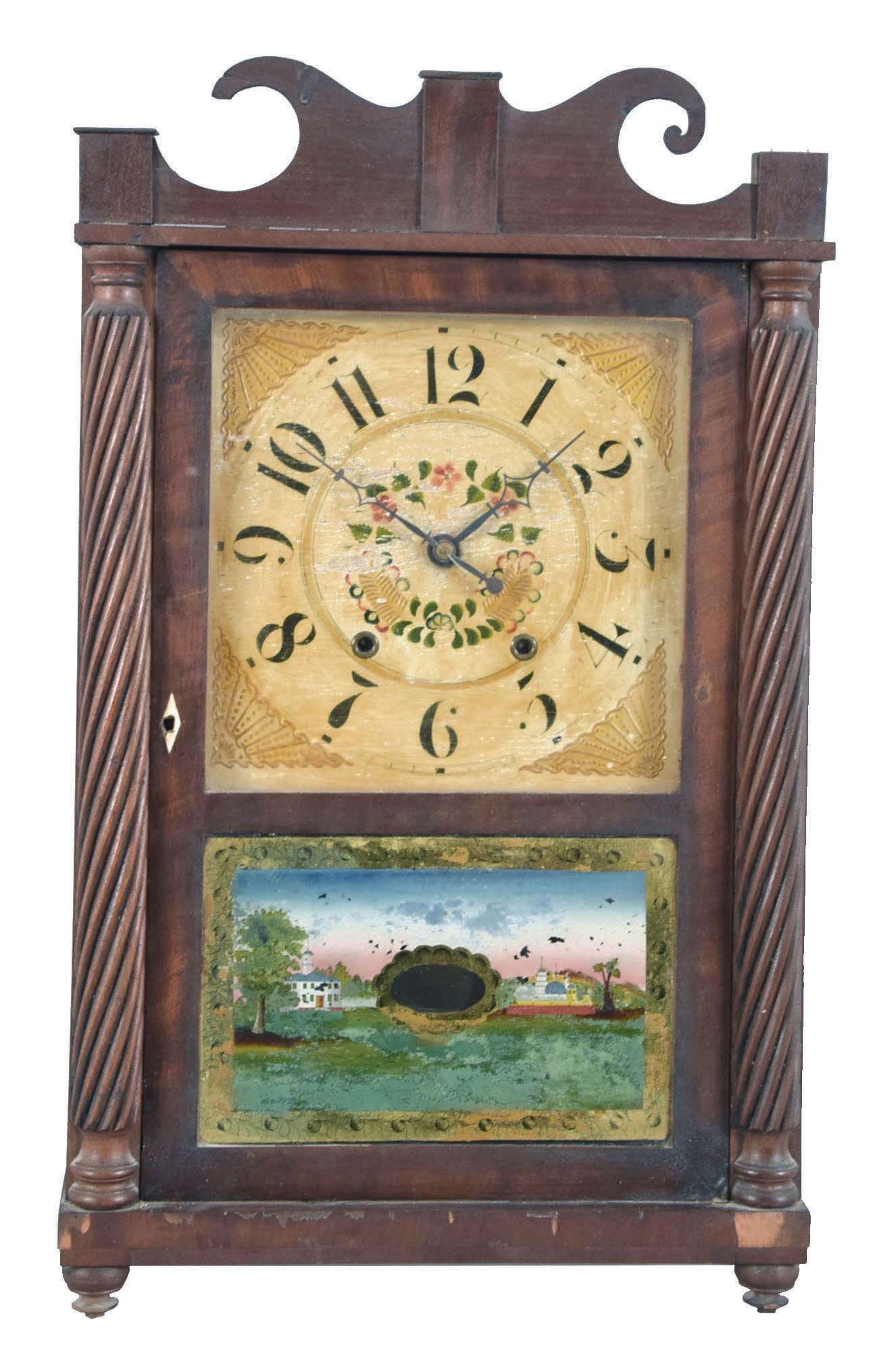 Jerome's & Darrow, Bristol, Conn., 30 hour, time and strike, weight wood movement carved column and Jester top shelf clock. — Antique Clocks Price Guide