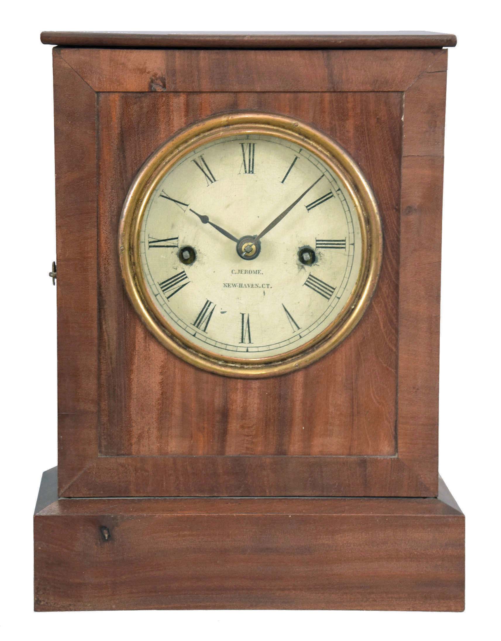 Chauncey Jerome, New Haven, Conn., shelf clock with a spring driven, 8 day fusee time and strike in a mahogany veneered case. — Antique Clocks Price Guide