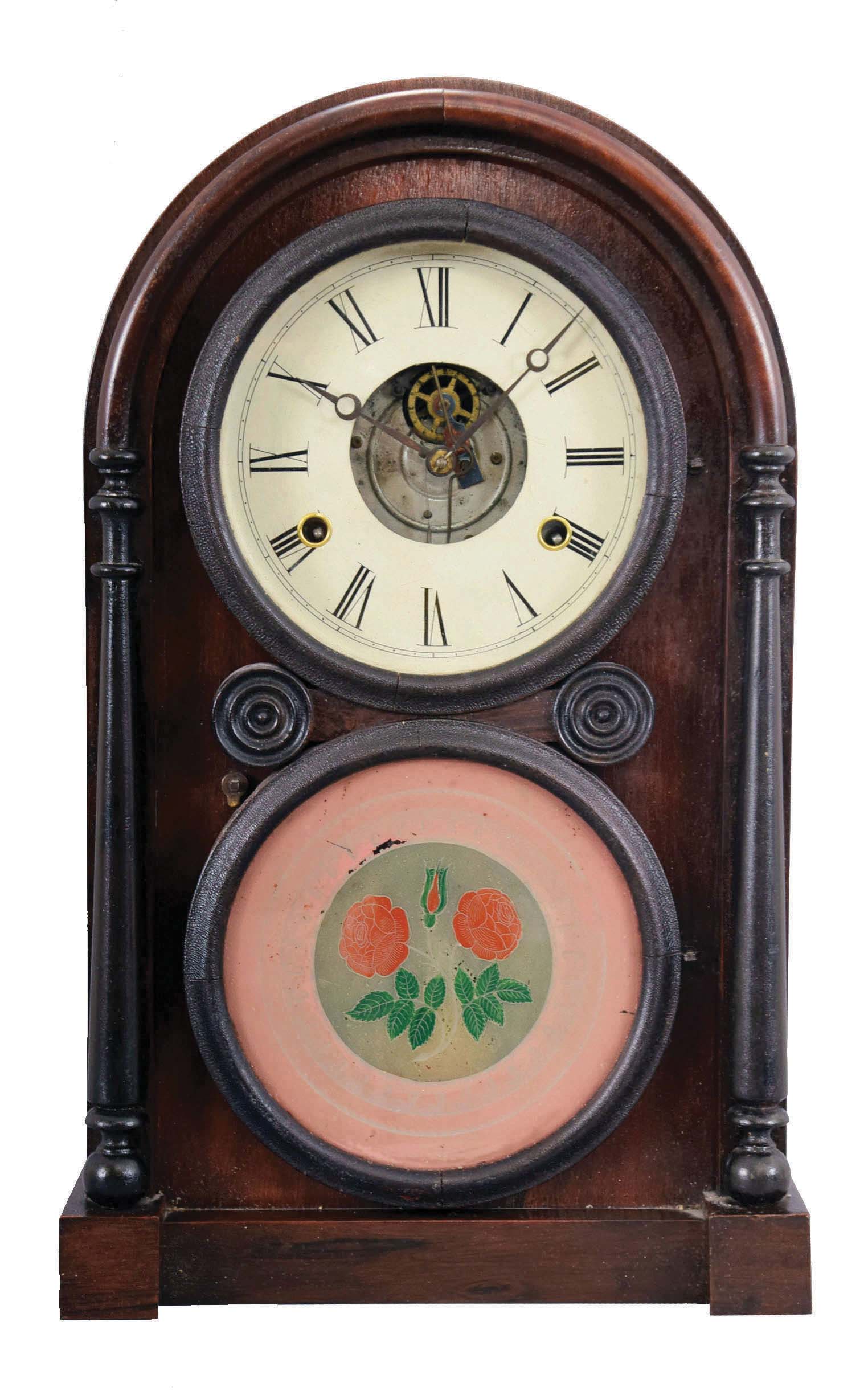 E. Ingraham & Co., Bristol, Conn. early "Venetian" shelf clock with a spring driven, 8 day, time and strike Joseph Ives tin plate movement in a rosewood veneered case. This clock appears to be the same clock pictured on page 353 of Ken Roberts book entitled "The Contribution of Joseph Ives to Connecticut Clock Technology 1810-1862". — Antique Clocks Price Guide