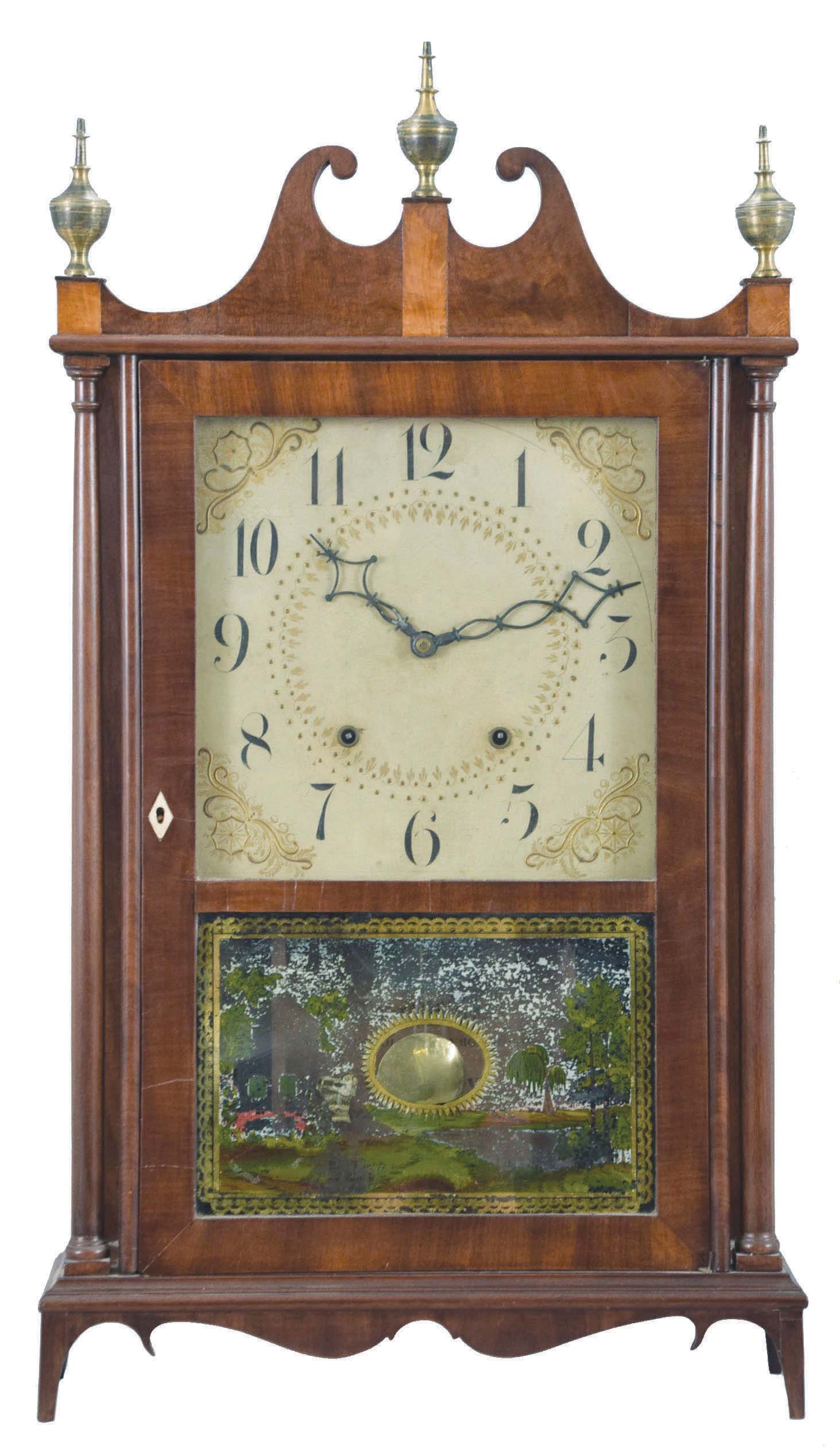 Eli Terry, Plymouth, Conn., 30-hour, time and strike, weight wood movement pillar & scroll shelf clock. — Antique Clocks Price Guide