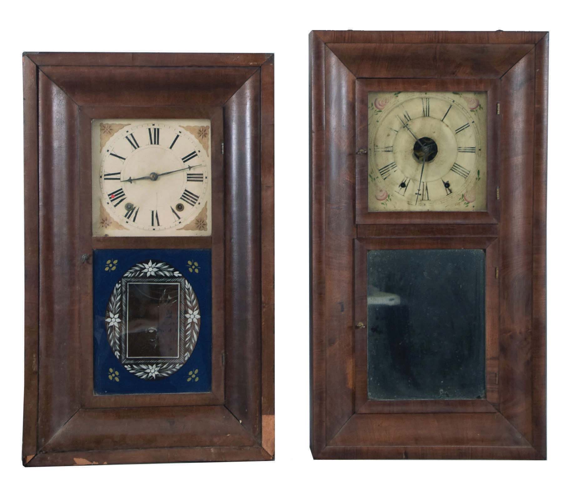 Clocks- 7 (Seven): (1) Connecticut Clock Co., New York, 30 hour, time and strike, weight brass movement OG shelf clock, c1850; (2) George V. House, New York, 30 hour, time and strike, weight brass movement OG shelf clock, c1845 (3) Sperry & Shaw, New York, 30 hour, time and strike, weight brass movement OG shelf clock, c1845 (4) Chauncey Jerome, Bristol, Conn., 30 hour, time and strike, weight brass movement OG shelf clock, c1840 (5) B. Young & Co., St. Stevens, New Brunswick, Canada, 30 hour, time and strike, weight brass movement OG shelf clock (movement was made by Atkins & Porter, Bristol, Conn), c1845 (6) Unknown New York maker, 30 hour, time and strike, weight wood movement OG shelf clock, c1840 (7) Chauncey Jerome, New Haven, Conn., 8 day, time and strike, weight brass movement double door OOG shelf clock, c1860 — Antique Clocks Price Guide