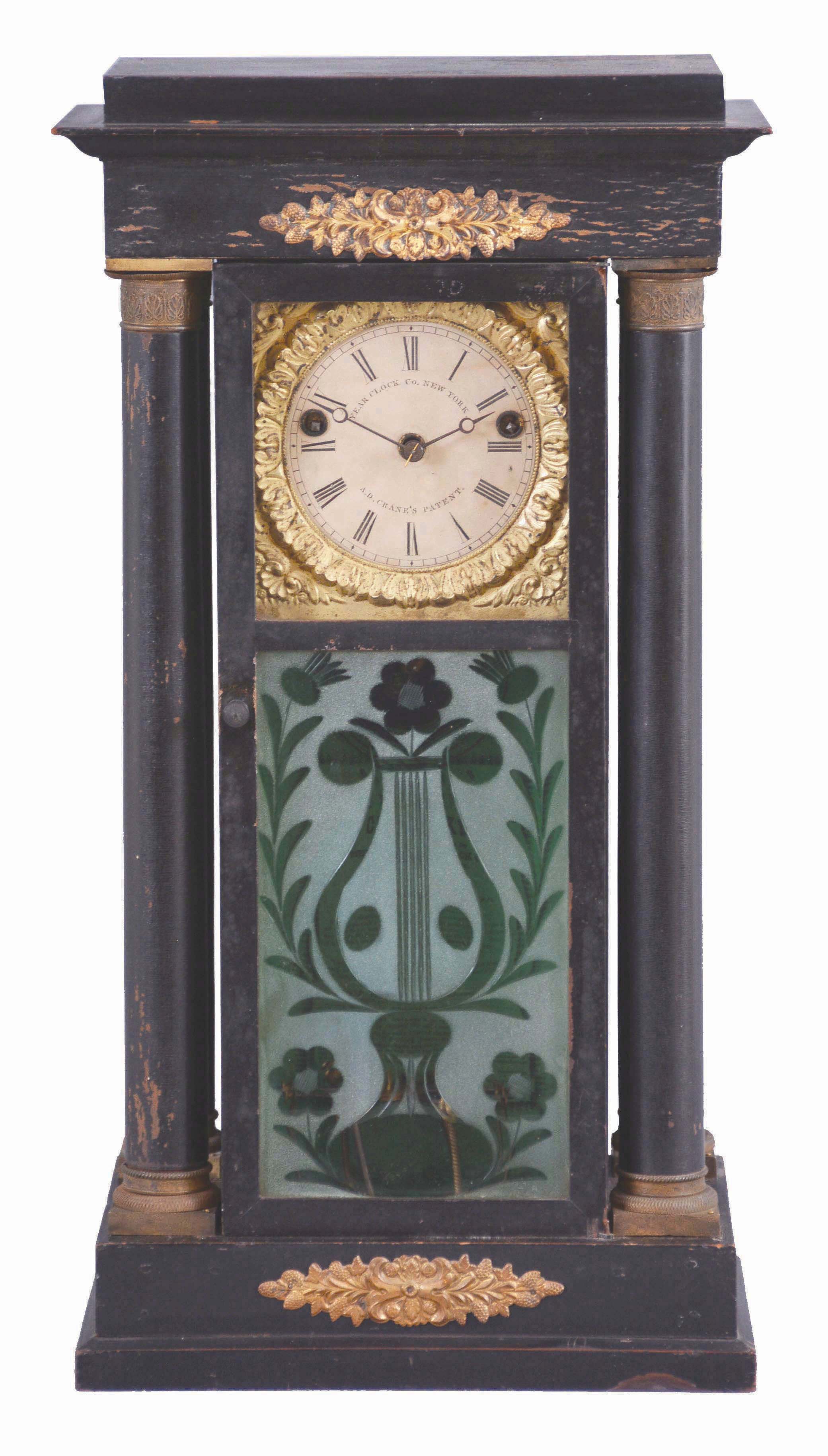 Year Clock Co., New York, A. D. Crane's Patent six-ball spring driven, brass fusee movement with rotary pendulum, model D.2 striking year clock. — Antique Clocks Price Guide