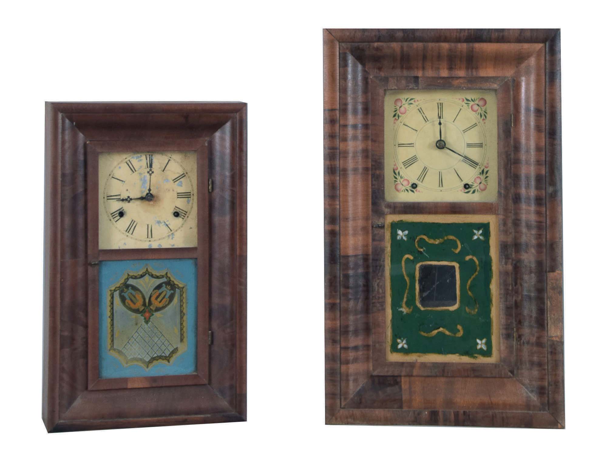 Clocks- 2 (Two): (1) Smith & Goodrich, Bristol, Conn., 30 hour, time and strike, spring brass fusee movement miniature OG shelf clock, c1850; (2) Daniel Pratt & Sons, Boston, Mass., 8 day, time and strike, spring brass fusee movement OG shelf clock, c1850 — Antique Clocks Price Guide