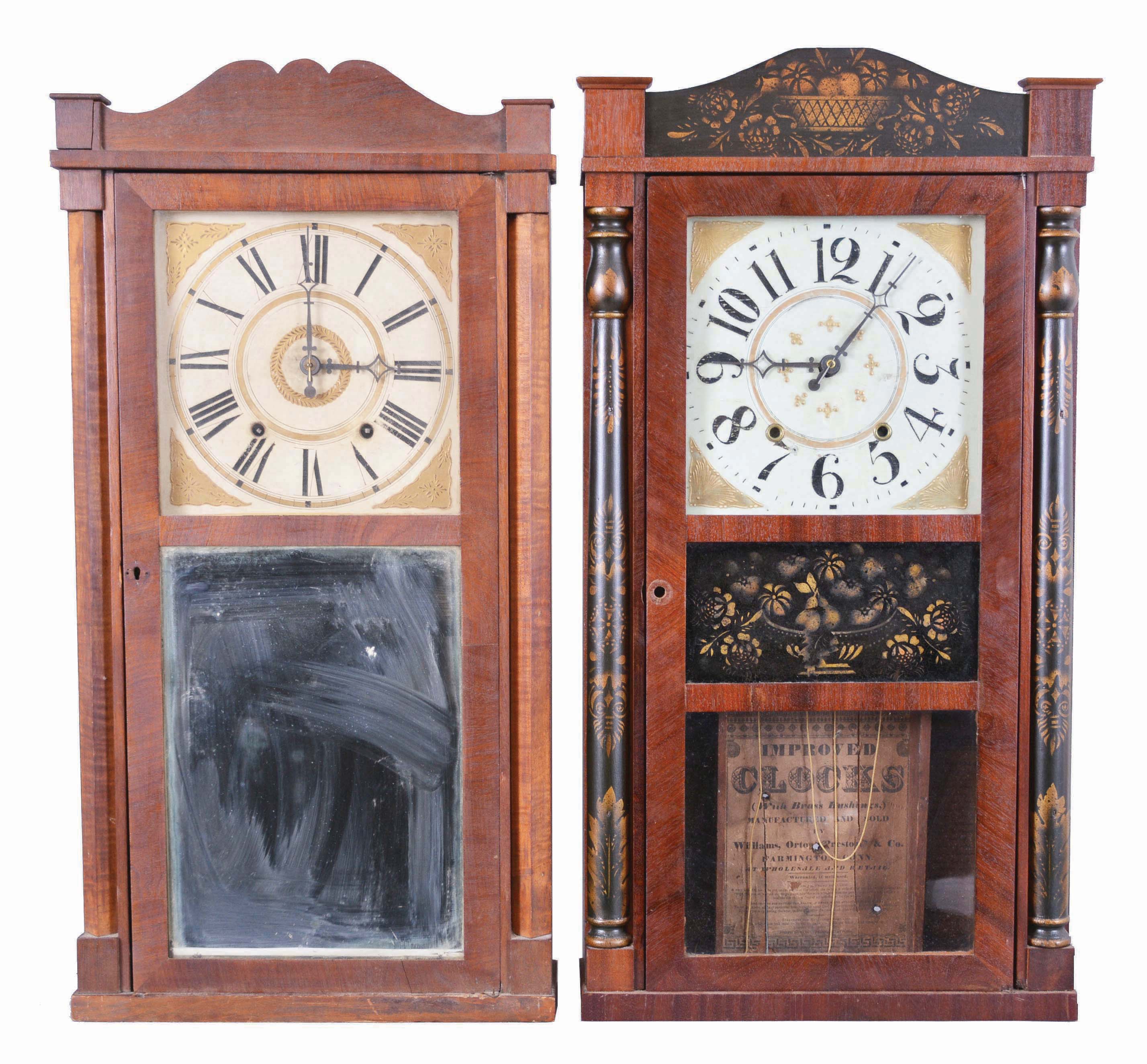 Clocks- 6 (Six): (1) David Dutton, Mount Vernon, New Hampshire, 30 hour, time and strike, weight wood movement quarter column & splat shelf clock, c1830; (2) Williams Orten, Prestons & Co., Farmington, Conn., 30 hour, time and strike, weight wood movement half column & splat shelf clock, c1832 (3) Putnam Bailey, Goshen, Conn., flat column & splat case, c1830 with later movement (4) Williams Orten, Prestons & Co., Farmington, Conn., 30 hour, time and strike, weight wood movement half column & splat shelf clock, c1832 (5) George Marsh & Co., Farmington, Conn., 30 hour, time and strike, weight wood movement half column & splat shelf clock, c1830 (6) George Marsh & Co., Farmington, Conn. Half column & splat case only, c1830 — Antique Clocks Price Guide