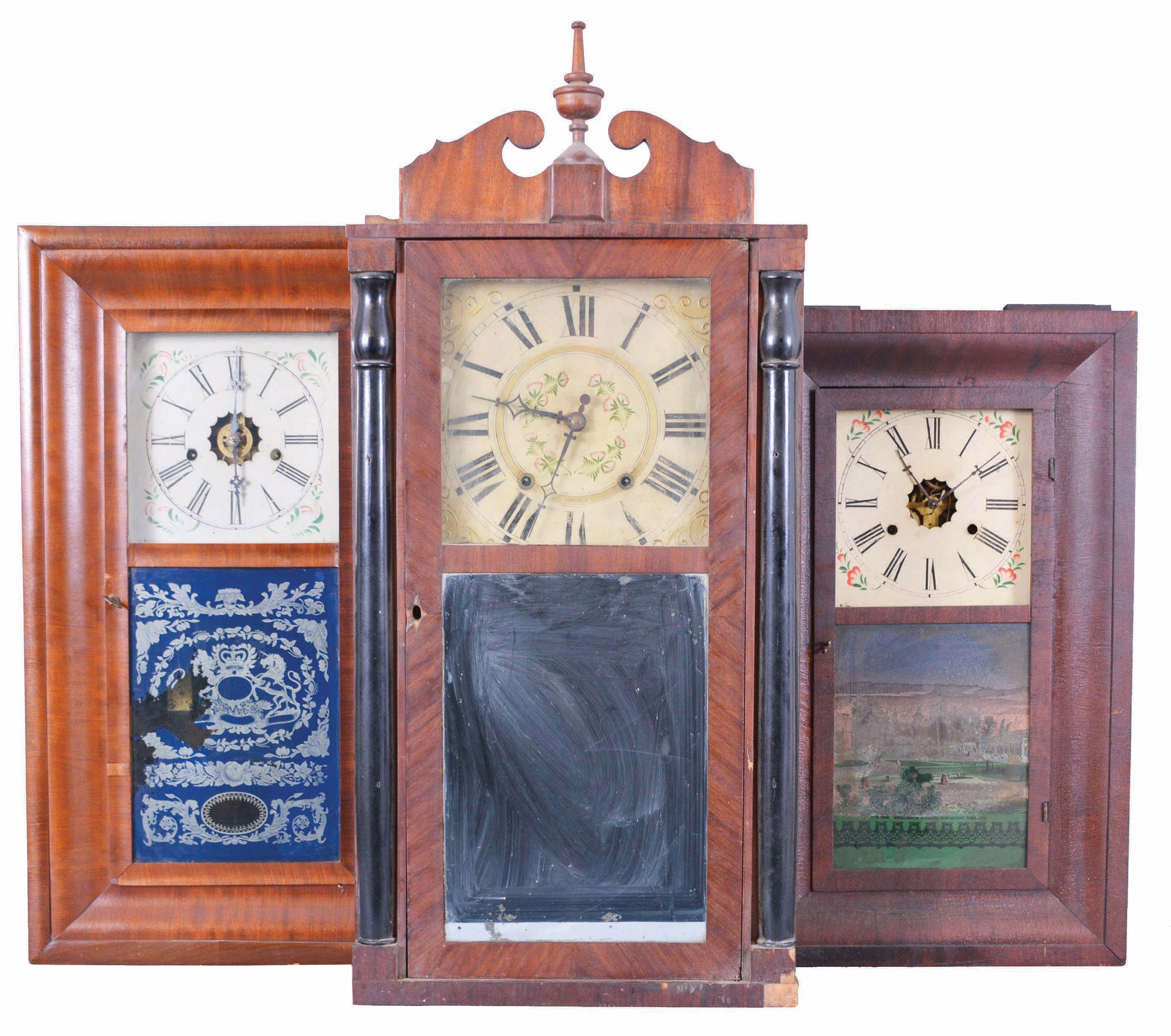 Clocks- 6 (Six): (1) Elisha Hotchkiss, Jr., Burlington, Conn., 30 hour, time and strike, weight wood movement half column & splat shelf clock, c1832; (2) E. N. Welch Mfg. Co., Forestville, Conn., 8 day, time, strike and alarm weight brass movement OG shelf clock, c1865 (3) Unknown, 30 hour, time and strike, weight brass movement OG shelf clock, c1840 (4) Forestville Mfg. Co., J. C. Brown, Bristol, Conn., 30 hour, time and strike, weight brass movement OG shelf clock, c1850 (5) New Haven Clock Co., New Haven, Conn., 30 hour, time and strike, weight brass movement OG shelf clock, c1860 (6) New Haven Clock Co., New Haven, Conn., 30 hour, time and strike, weight brass movement OG shelf clock, c1860 — Antique Clocks Price Guide