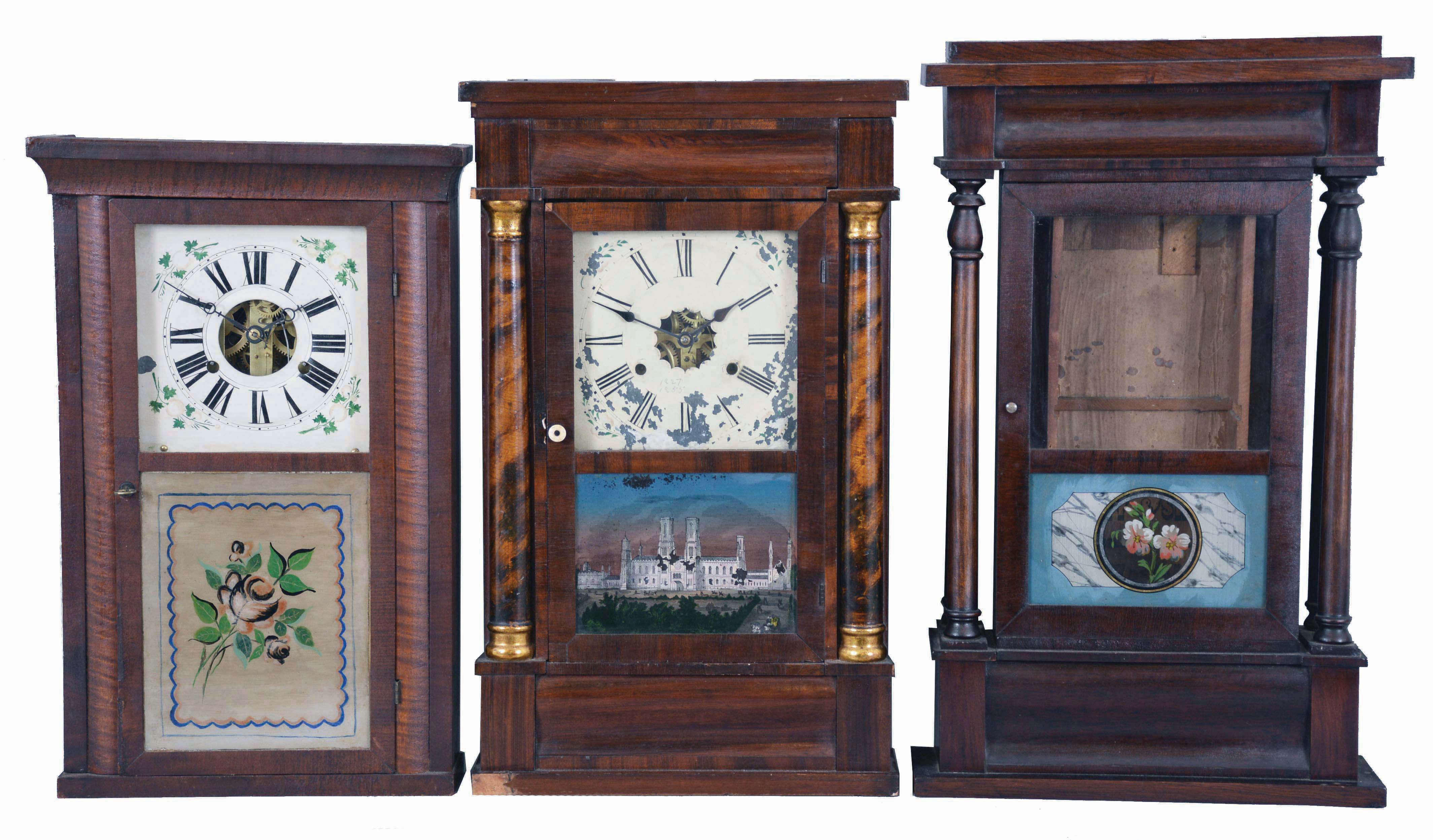 Clocks- 6 (Six) American shelf clocks: (1) Seth Thomas Clock Co., Plymouth Hollow, Conn., column shelf clock with a brass spring driven 30 hour time and strike movement in a mahogany case, c1850; (2) Atkins & Porter, Bristol, Conn., quarter column shelf clock with a weight driven 30 hour time and strike movement in a mahogany veneered case, c1845. (3) J. C. Brown, Forestville, Conn. half column shelf clock with a weight driven 30 hour time and strike movement in a mahogany veneered case, c 1850. (4) Seth Thomas, Plymouth Hollow, Conn., half column shelf clock with a weight driven 30 hour time and strike movement in a mahogany veneered case, c1855. (5) Sperry & Shaw, 10 Cortlandt St., New York., 4 column NY style case only, c1845. (6) Daniel Pratt, Reading, Mass OG shelf clock with a weight driven, 8 day, time and strike movement in a mahogany veneered case, c1860. — Antique Clocks Price Guide