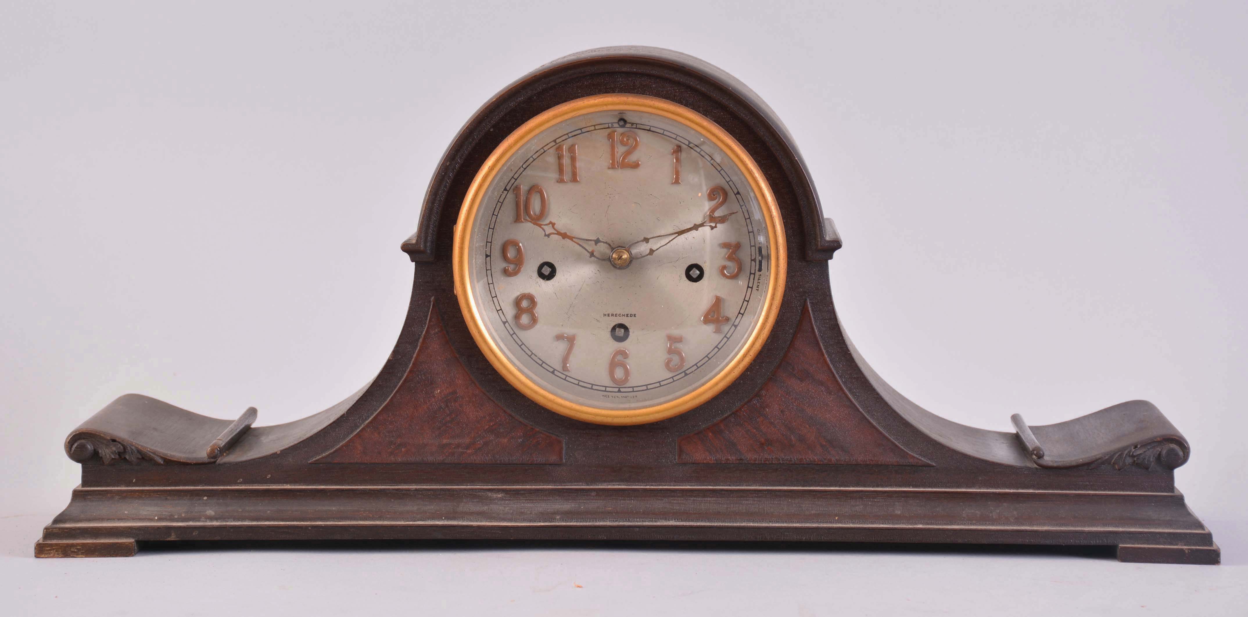 Clocks- 5 (Five): (1) Herschede Hall Clock Co., Cincinnati, OH. "No. 20" shelf clock with a spring driven, 8 day time and westminster strike movement in a dark wood case, c1920; (2) International Time Recording Co., Endicott, NY, hanging clock with a spring driven, 8 day double wind timepiece movement. (3) Store regulator with oak case only. (4) Store regulator with oak case only. (5) Waterbury Clock Co., Waterbury, Conn., "Stork" hanging clock with a spring driven 30 day timepiece movement in an oak case. — Antique Clocks Price Guide