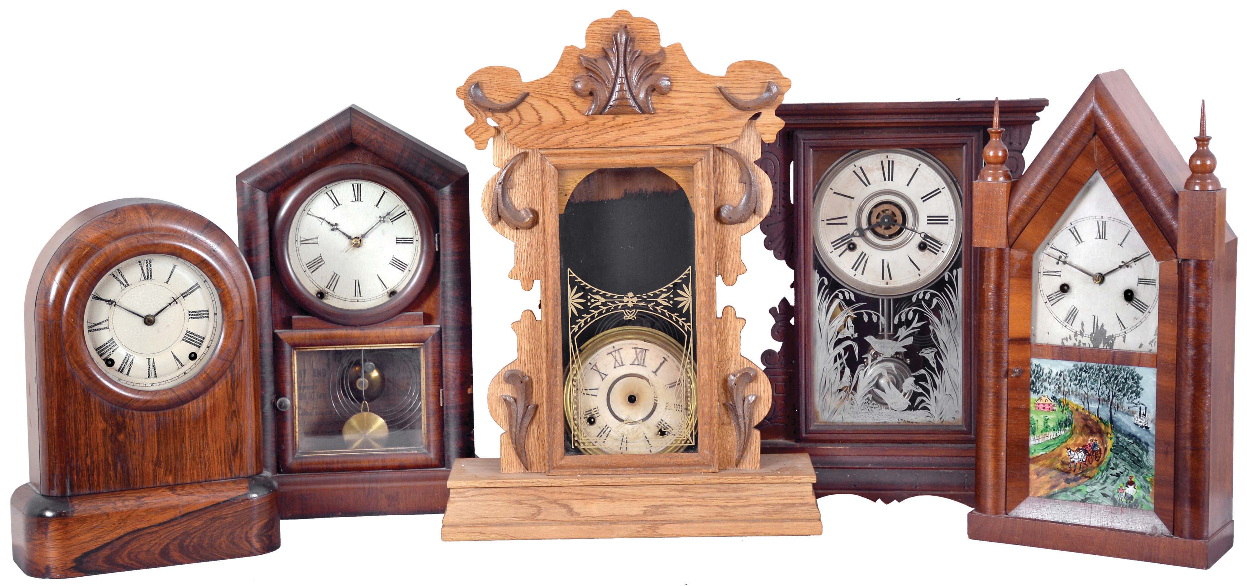 Clocks- 5 (Five): (1) William L. Gilbert Clock Co., Winsted, Conn., "Capital No. 43", case only; (2) New Haven Clock Co., New Haven, Conn., 30 hour, time and strike, spring brass movement Sharp Gothic or steeple clock c1860 (3) William L. Gilbert Clock Co., Winsted, Conn., 8 day, time, strike and alarm spring brass movement shelf clock, c1870 (4) Seth Thomas Clock Co., Thomaston, Conn. 8 day, time and strike, spring brass movement round top shelf clock, c1875 (5) Ansonia Brass & Copper Co., Ansonia, Conn., 8 day, time and strike, spring brass movement shelf clock. 1860 — Antique Clocks Price Guide