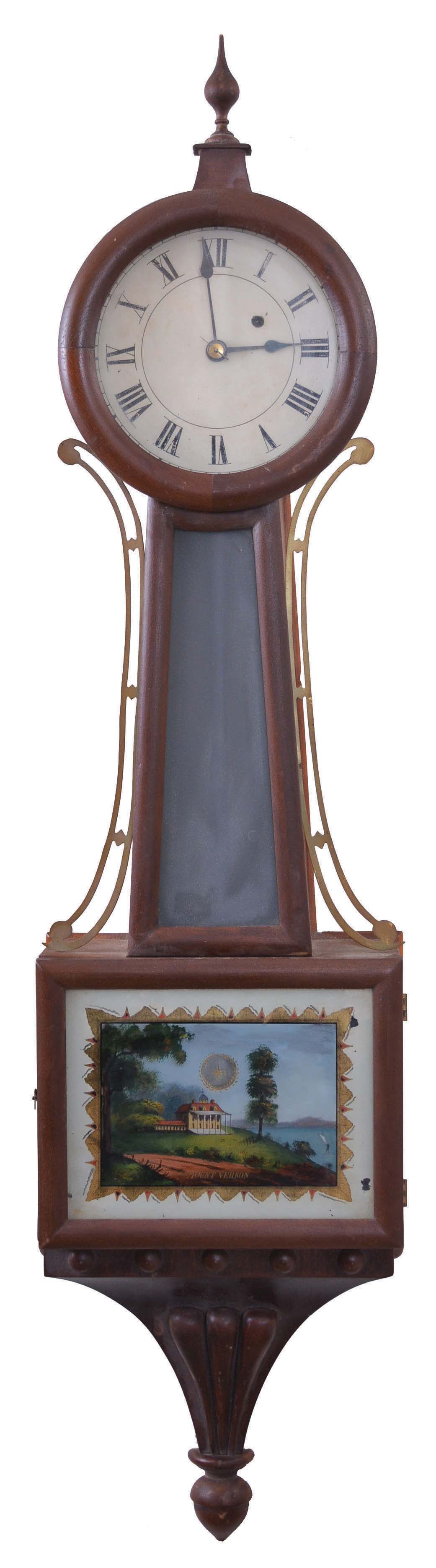 Clocks- 6 (Six) Wall: one weight driven banjo clock, a reproduction gravity clock, two German time and strike box clocks, a German time and strike Freischwinger and a Waterbury time-only drop octagon with simple calendar. — Antique Clocks Price Guide
