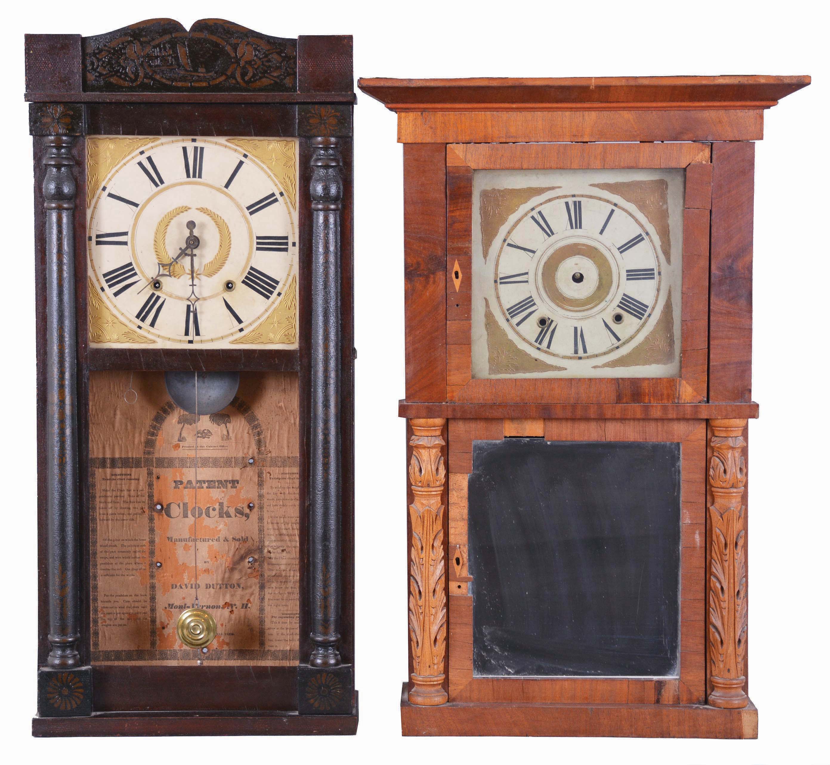 Clocks- 4 (Four): (1) E. W. Adams, Seneca Falls, New York, 30 hour, time and strike, weight wood movement carved column and cornice top shelf clock, c1835; (2) David Dutton, Mount Vernon, New Hampshire, 30 hour, time and strike, weight wood movement half column & splat shelf clock, c1830 (3) Pratt & Frost, Reading, Mass., 30 hour, time and strike, weight wood movement half column & splat shelf clock, c1830 (4) Julius Peck & Co., Litchfield, Conn., 30 hour, time and strike, weight wood movement half column & splat shelf clock, c1835 — Antique Clocks Price Guide
