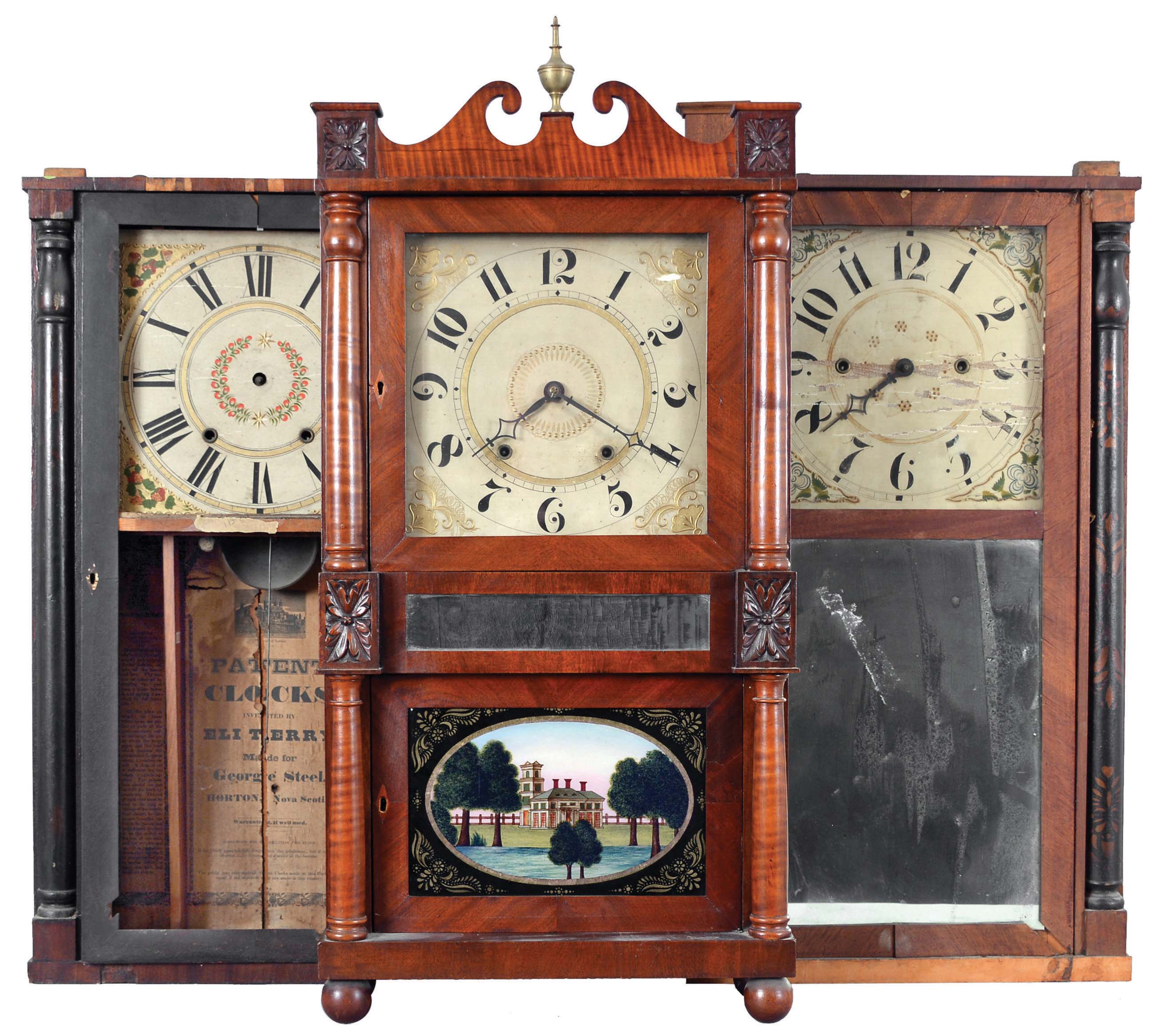 Clocks- 3 (Three): American shelf clocks: (1) Eli Terry, made for George Steel, Horton, Nova Scotia half column shelf clock with a weight driven 30 hour time and strike wooden works movement in a mahogany veneered case, c1835; (2) Chauncey Boardman, Bristol, Conn., stenciled half column and splat shelf clock with a weight driven 30 hour time and strike movement in a mahogany veneered case, c1835. (3) T. M. Roberts Bristol, Conn. for Henry Hart double decker shelf clock with a weight driven 30 hour time and strike wooden movement in a mahogany and maple case, c1835 — Antique Clocks Price Guide