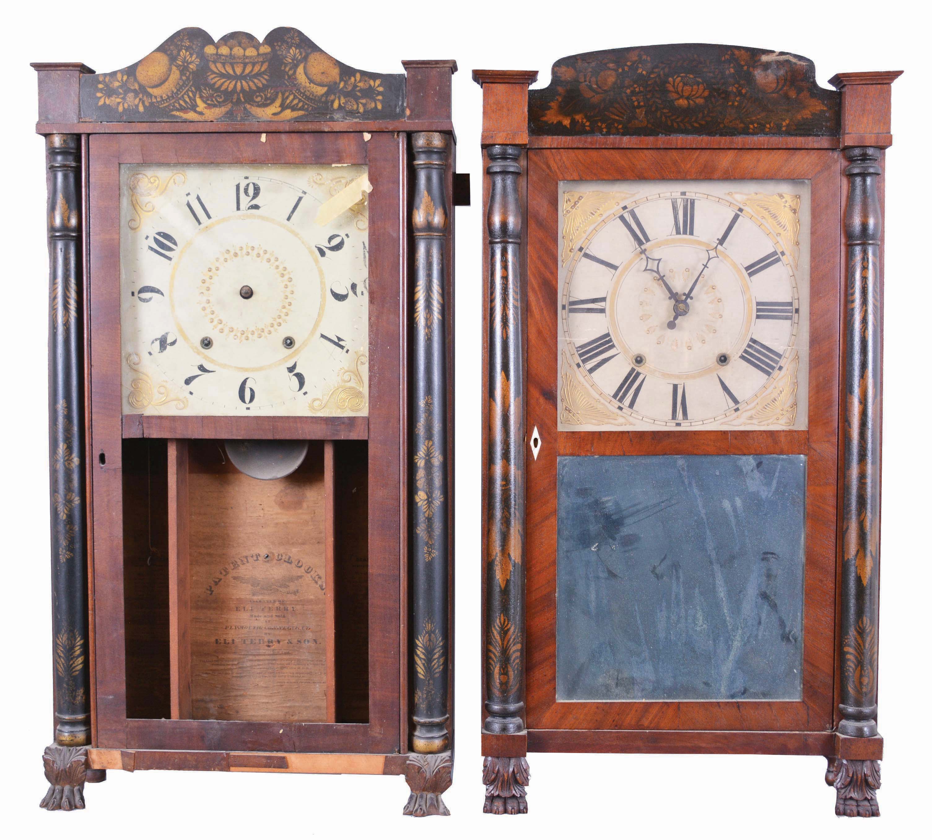 Clocks- 4 (Four): (1) Eli Terry & Son, Plymouth, Conn. 30 hour, time and strike, weight wood movement half column & splat shelf clock, c1830; (2) Riley Whiting, Winchester, Conn., 30 hour, time and strike, weight wood movement half column & splat shelf clock.c1830 (3) Williams Orten, Prestons & Co., Farmington, Conn., 8 day, time and strike, weight brass movement column and cornice shelf clock, c1840 (4) Jerome's & Darrow, Bristol, Conn., 8 day, time and strike, weight wood movement half column & splat shelf clock, c1830 — Antique Clocks Price Guide