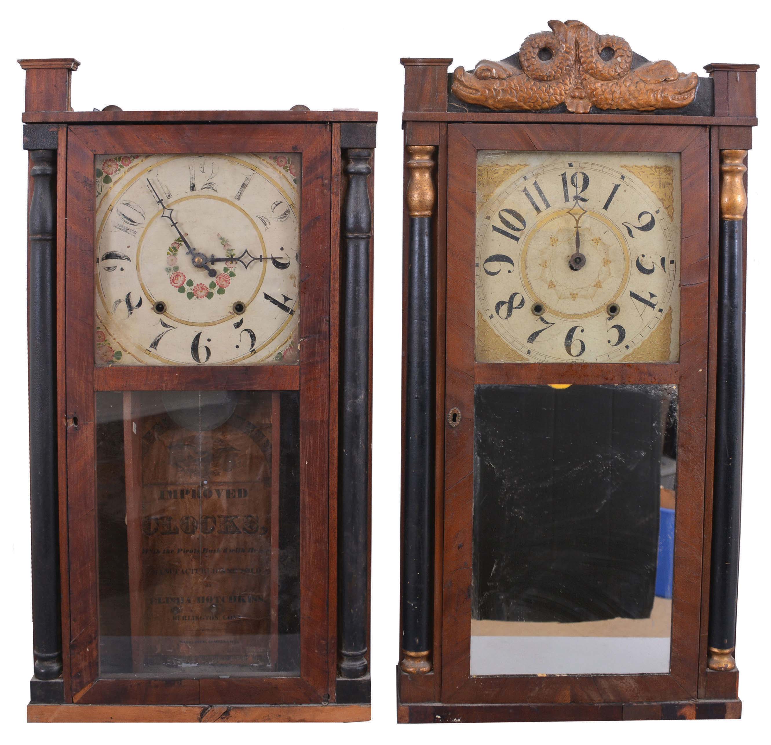 Clocks- 4 (Four): (1) Riley Whiting, Winchester, Conn., half column shelf clock with a weight driven 30 hour time and strike wooden works movement in a mahogany veneered case, c1835; (2) C. & L. C. Ives, Bristol, Conn full column and eagle splat shelf clock with a weight driven, 8 day, time and strike riveted strap brass movement in a mahogany veneered Empire two decker case with tiger maple columns and trim and carved eagle splat, c1835; (3) Elisha Hotchkiss, Burlington, Conn., half column and splat shelf clock with a weight driven 30 hour time and strike wooden works movement in a mahogany veneered case, c1834. (4) Williams, Orton, Preston's & Co., Farmington, Conn., half column and splat shelf clock with a weight driven 30 hour time and strike movement in a mahogany veneered case, c1838. — Antique Clocks Price Guide